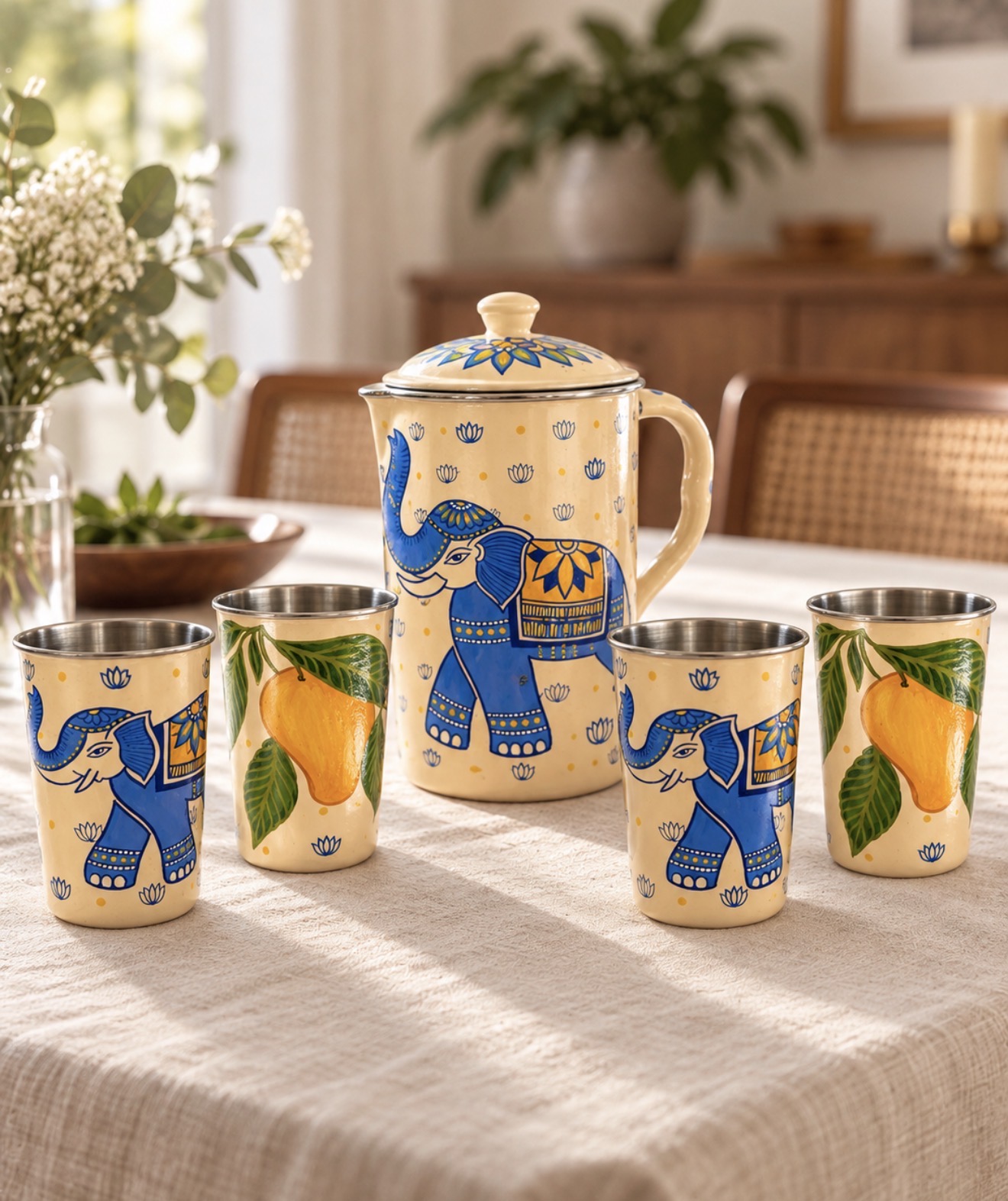 Elephant side of the jug with four mango and elephant glasses