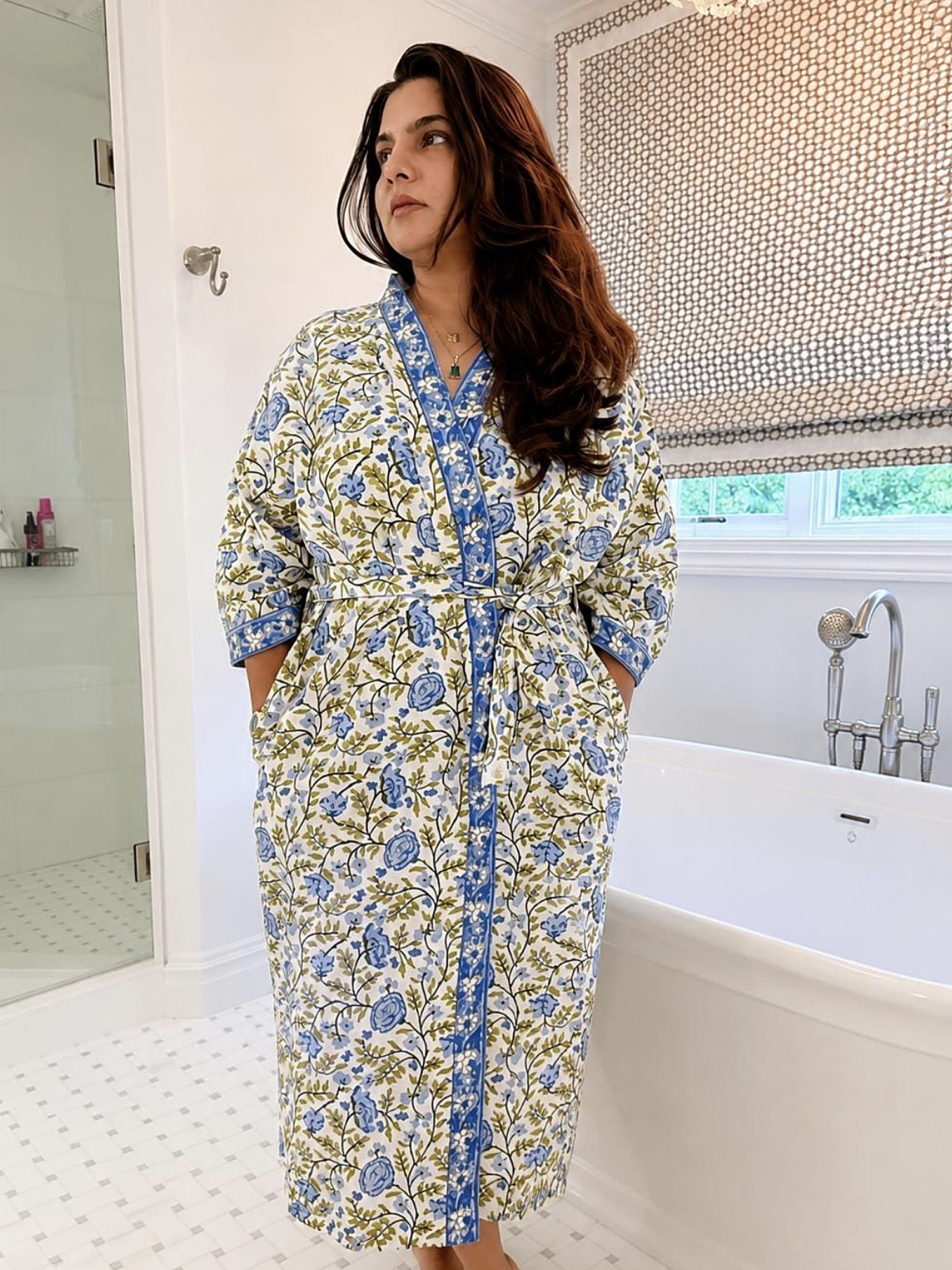 Cornflower Bathrobe — Cornflower blue blooms on crisp white cotton.
