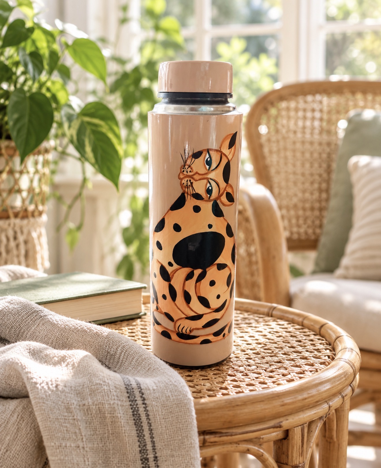 Kalighat cats hand-painted peach steel water bottle on a rattan side table in a sunroom