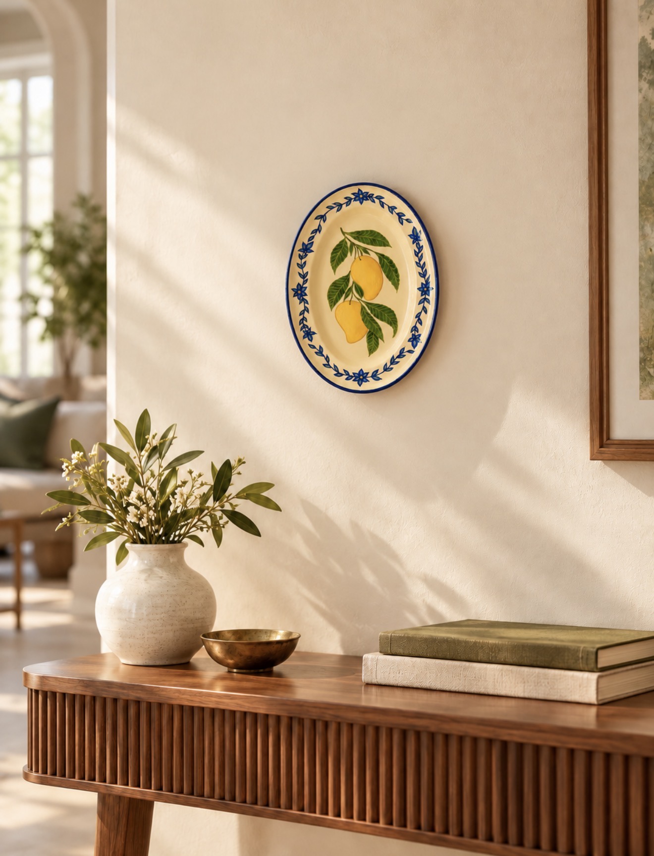 Mango hand-painted oval steel tray with a blue floral border displayed on a wall above a wooden console