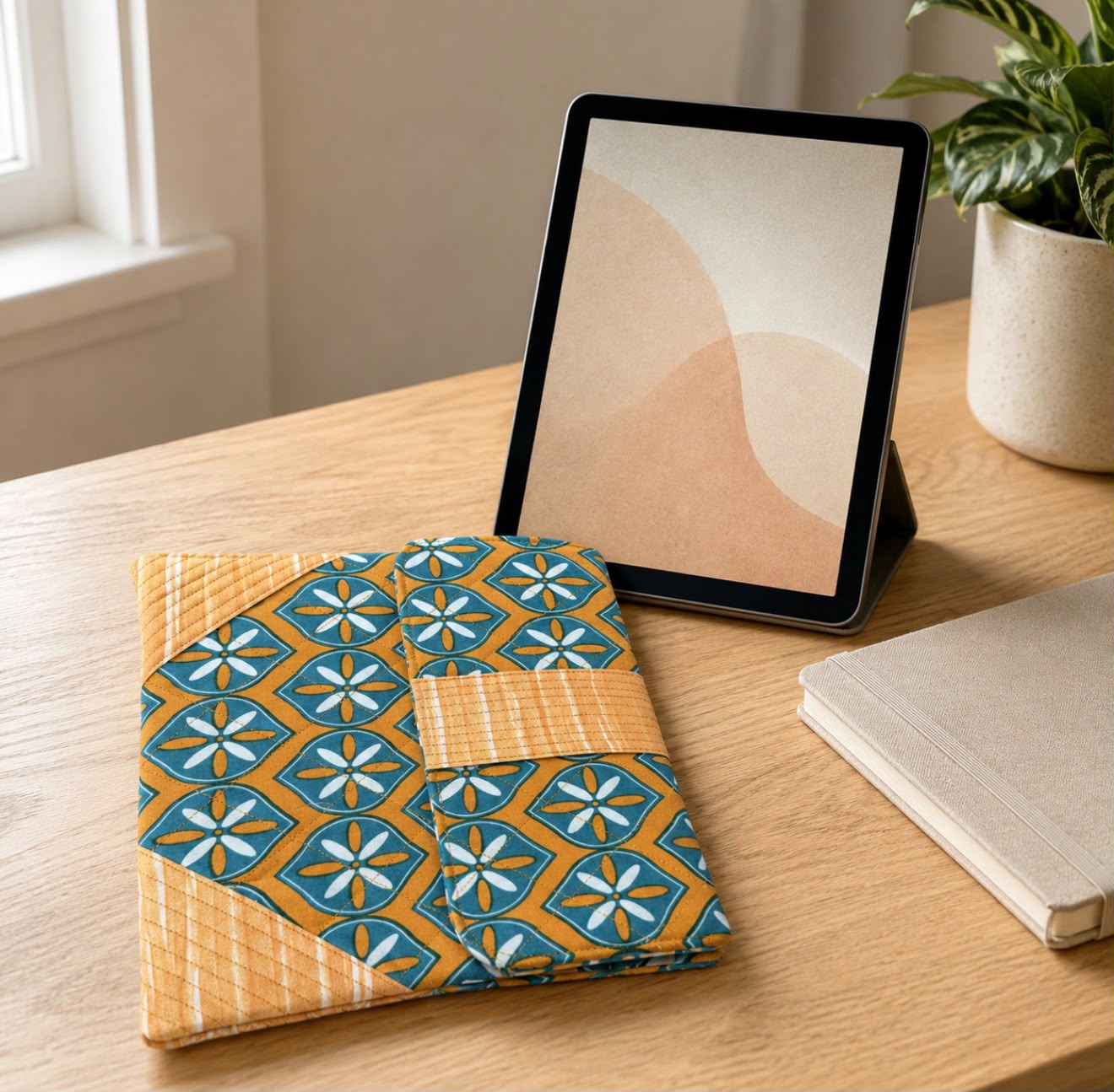 Hand-quilted Varnya iPad sleeve in teal and ochre block print on a wooden desk beside a tablet