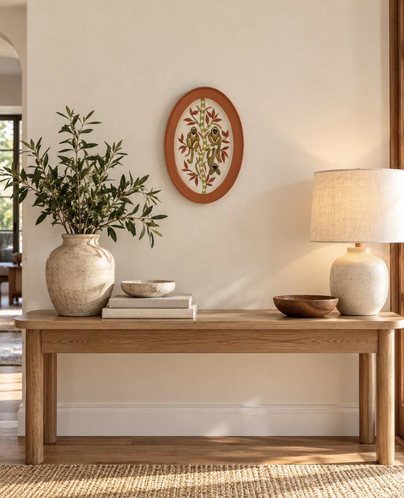 Monkey Grove hand-painted steel tray displayed on a wall above a wooden console table