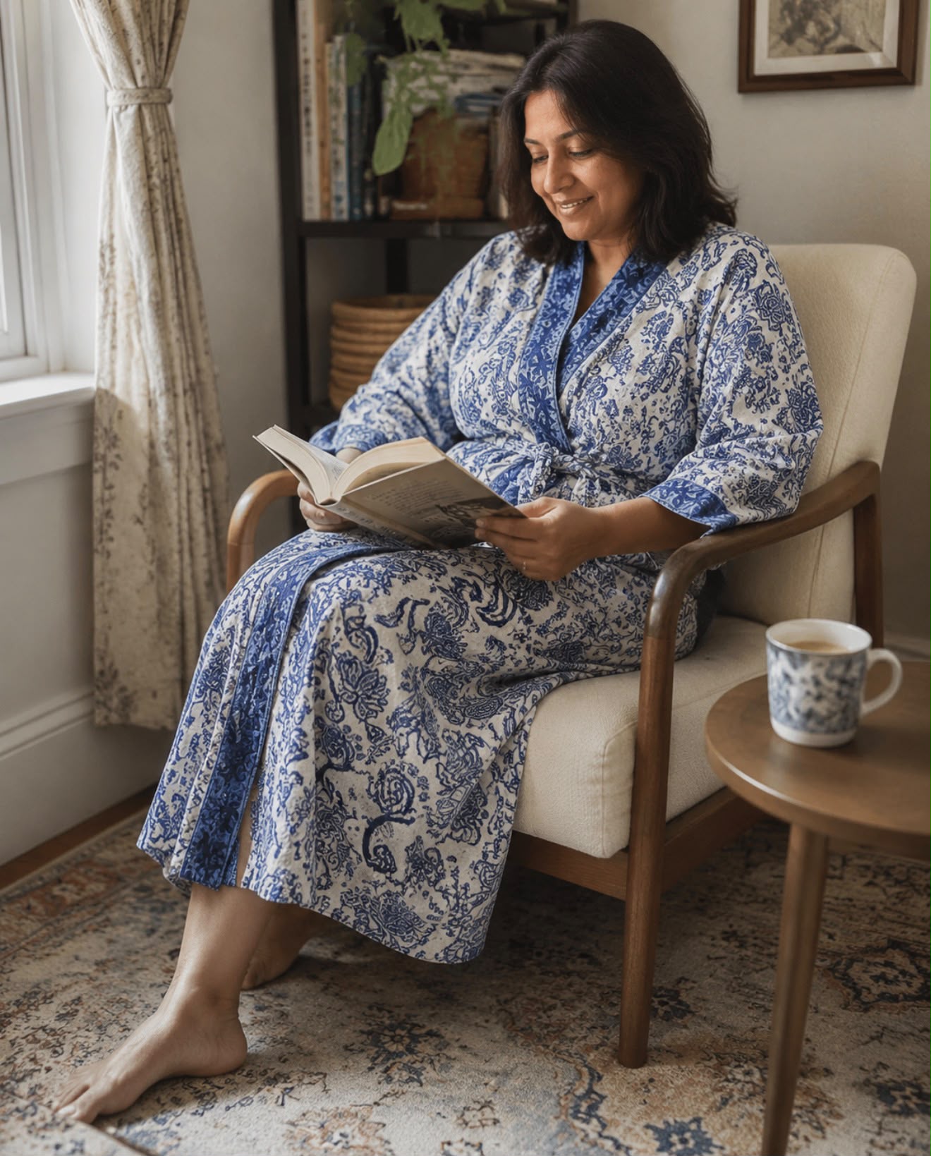 A woman reading in a hand block-printed Varnya waffle-cotton robe