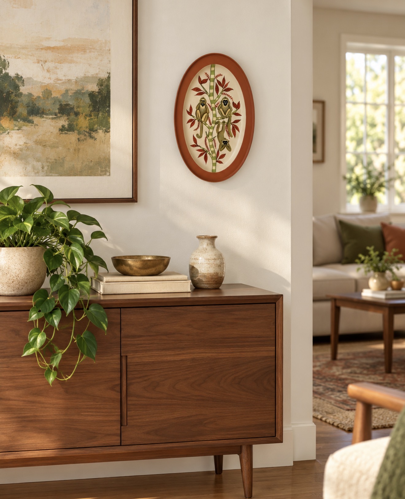 Monkey Grove hand-painted steel tray hanging on a wall beside a walnut sideboard
