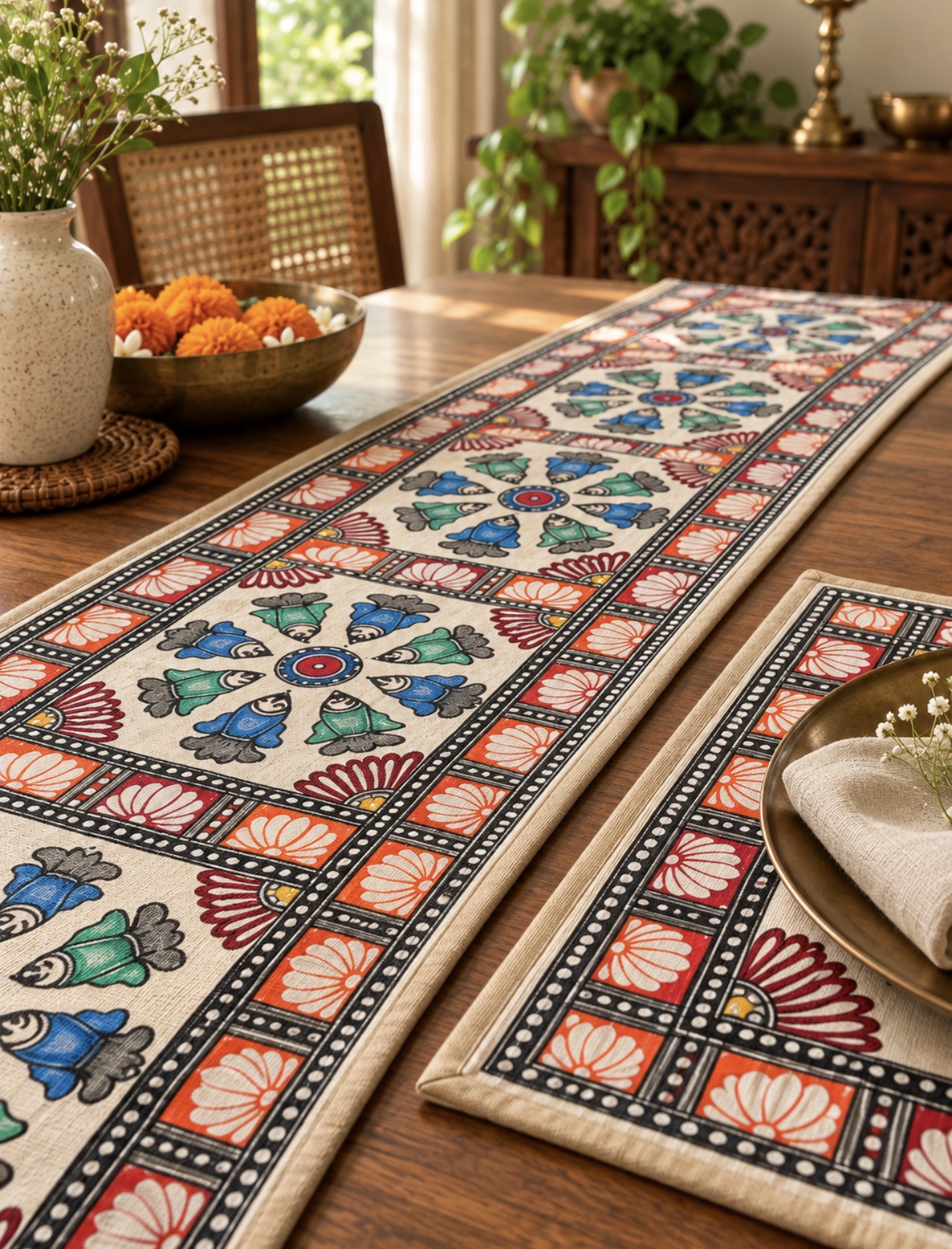 Madhubani table runner styled on a dining table with flowers and brassware