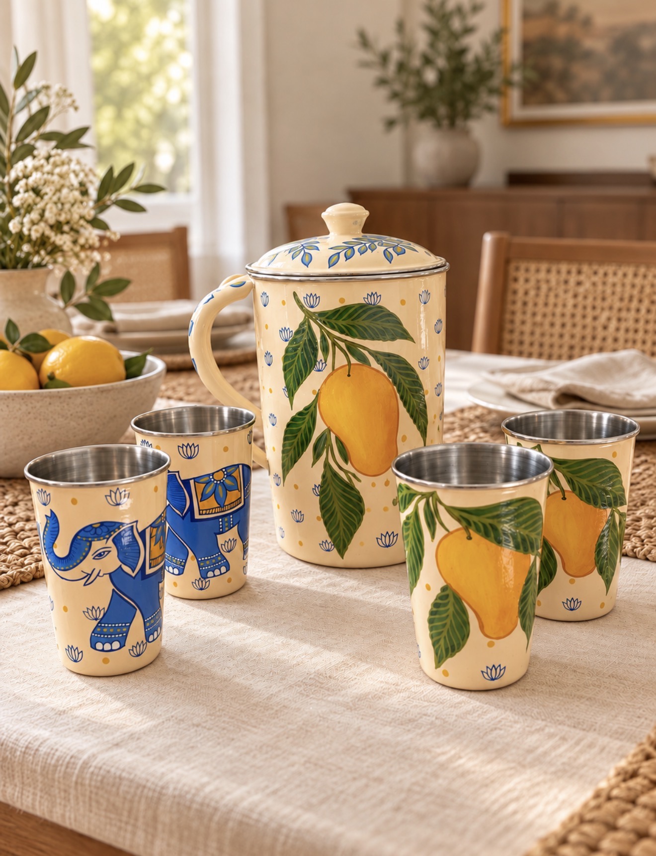 Mango & Elephant Hand-Painted Steel Jug & Glass Set — 1 jug + 4 glasses