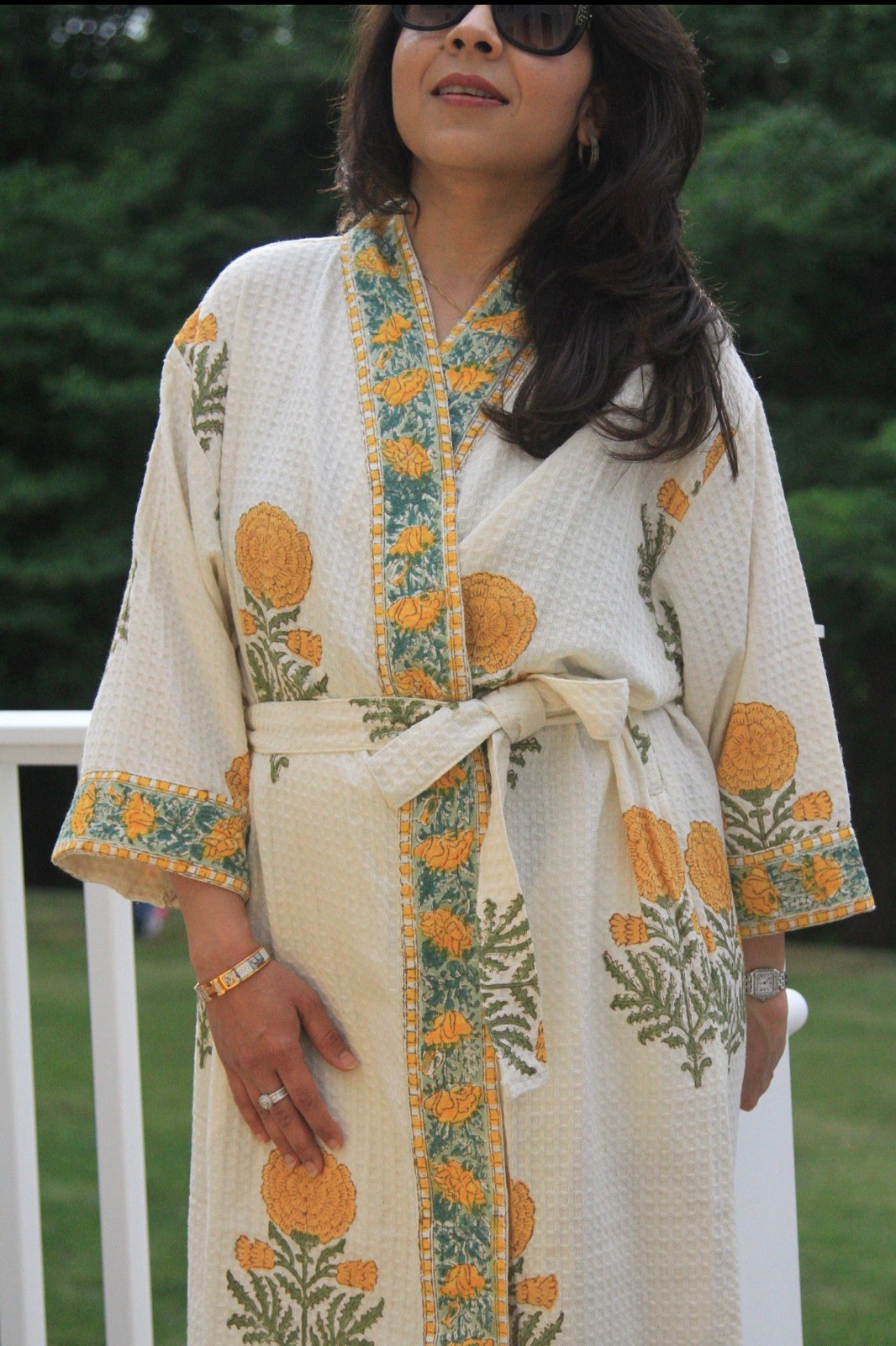 Golden Hour Bathrobe — Golden blooms and a teal border, printed for late light.