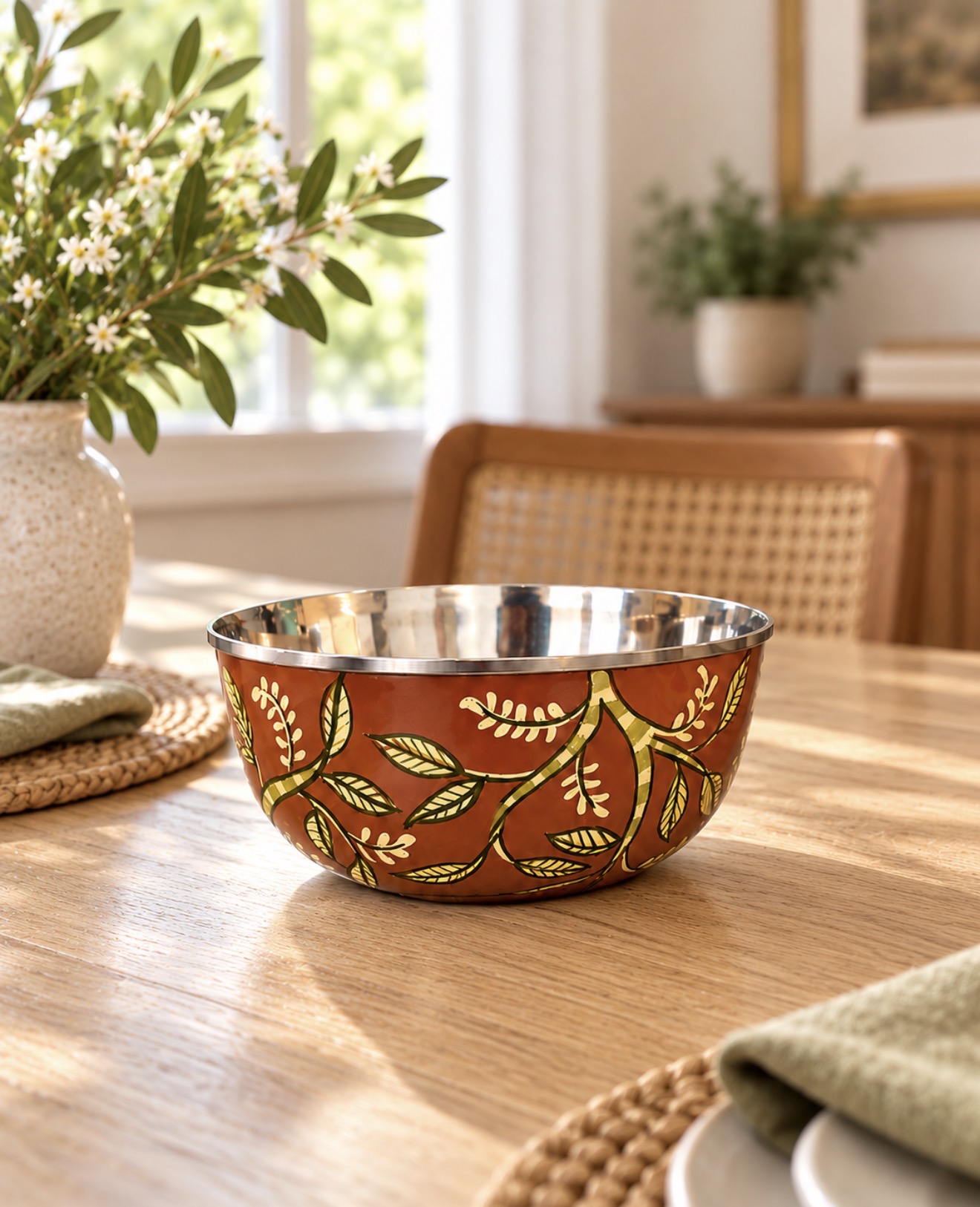 Slightly smaller rust-red Monkey Grove hand-painted steel bowl with green vine artwork