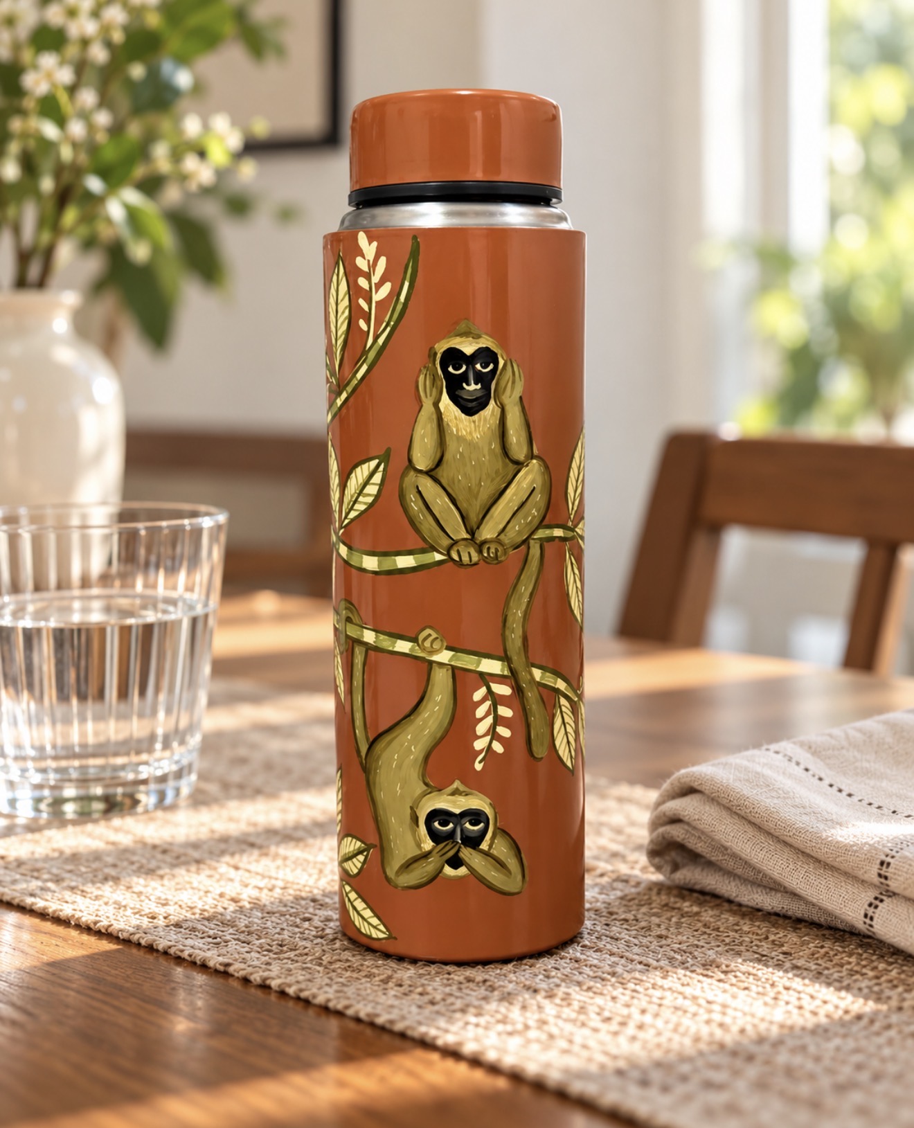 Monkey Grove hand-painted steel water bottle with two monkeys on a dining table