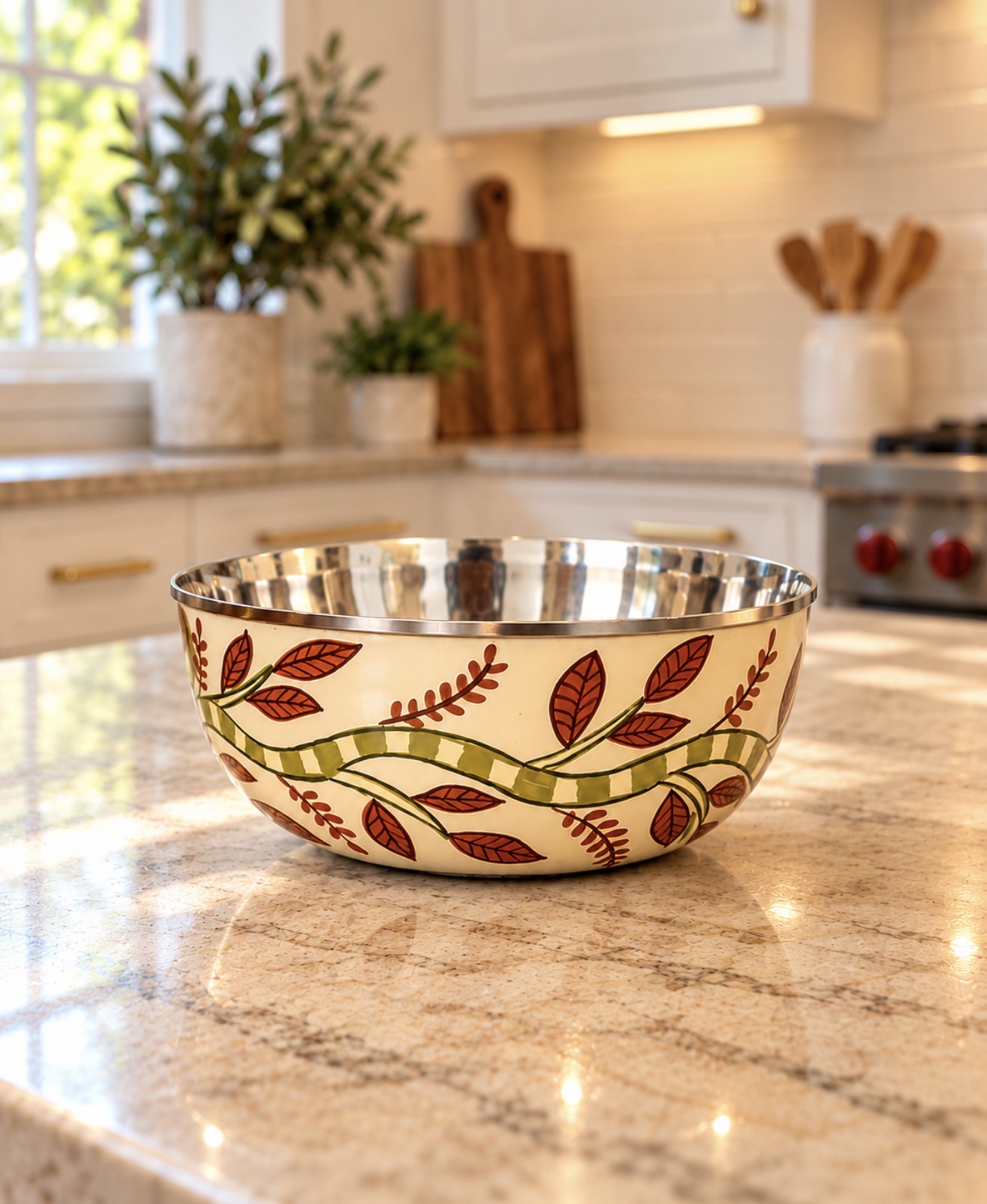 Larger cream Monkey Grove hand-painted steel bowl with red leaf and vine artwork