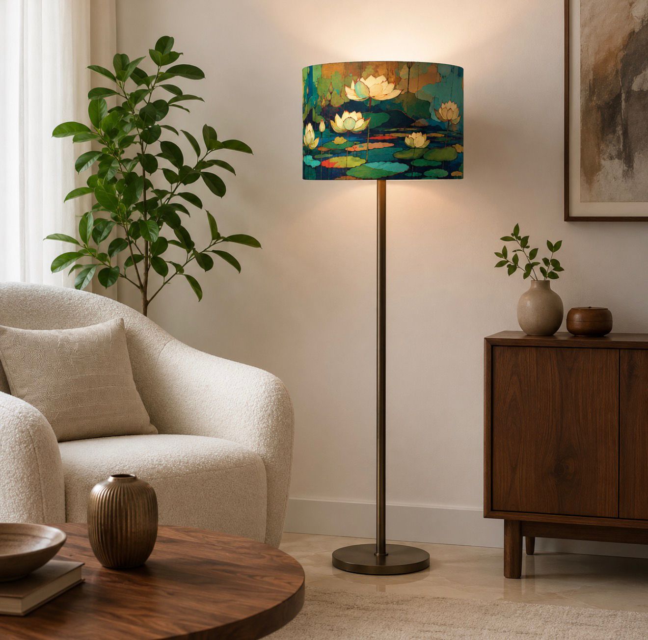 Teal lotus pond printed Varnya drum lampshade on a brass floor lamp in a warm contemporary living room