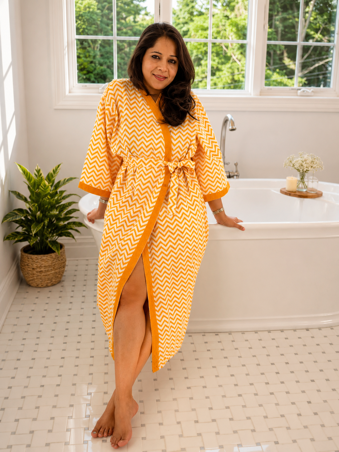 Sunburst Chevron bathrobe — ochre and indigo geometric block print on waffle cotton.