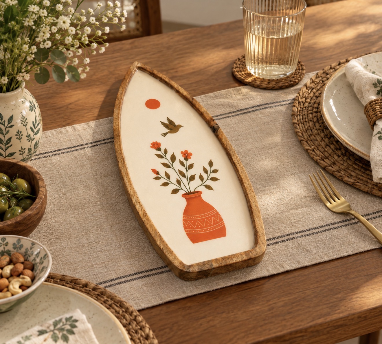 Varnya Aangan Platter in the Terracotta Bloom design resting empty on a dining table