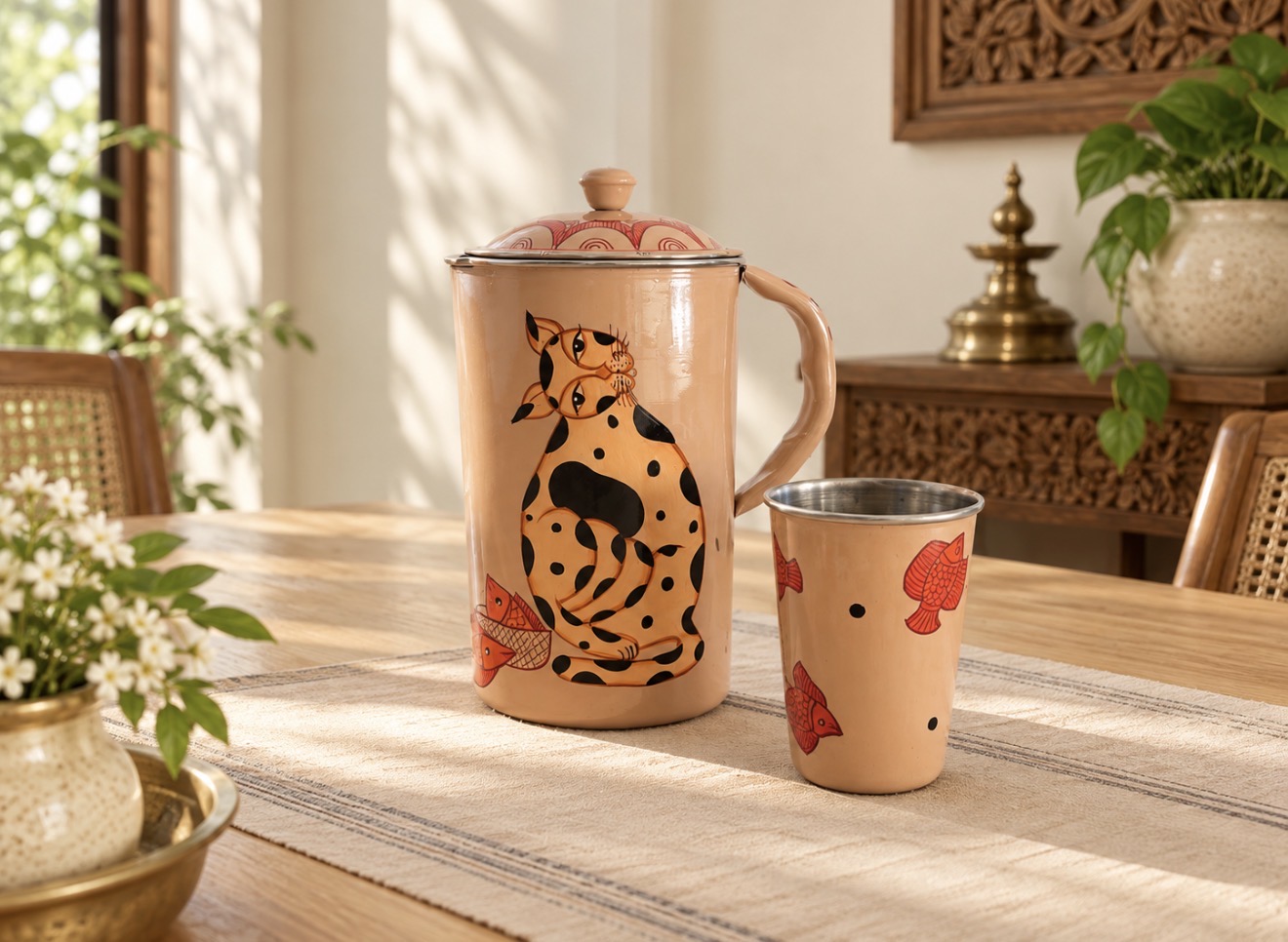Kalighat cat jug and a single fish glass on a striped table runner