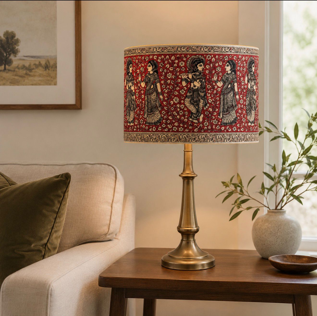 Deep red Kalamkari-inspired Varnya drum lampshade on a brass table lamp in a warm living room