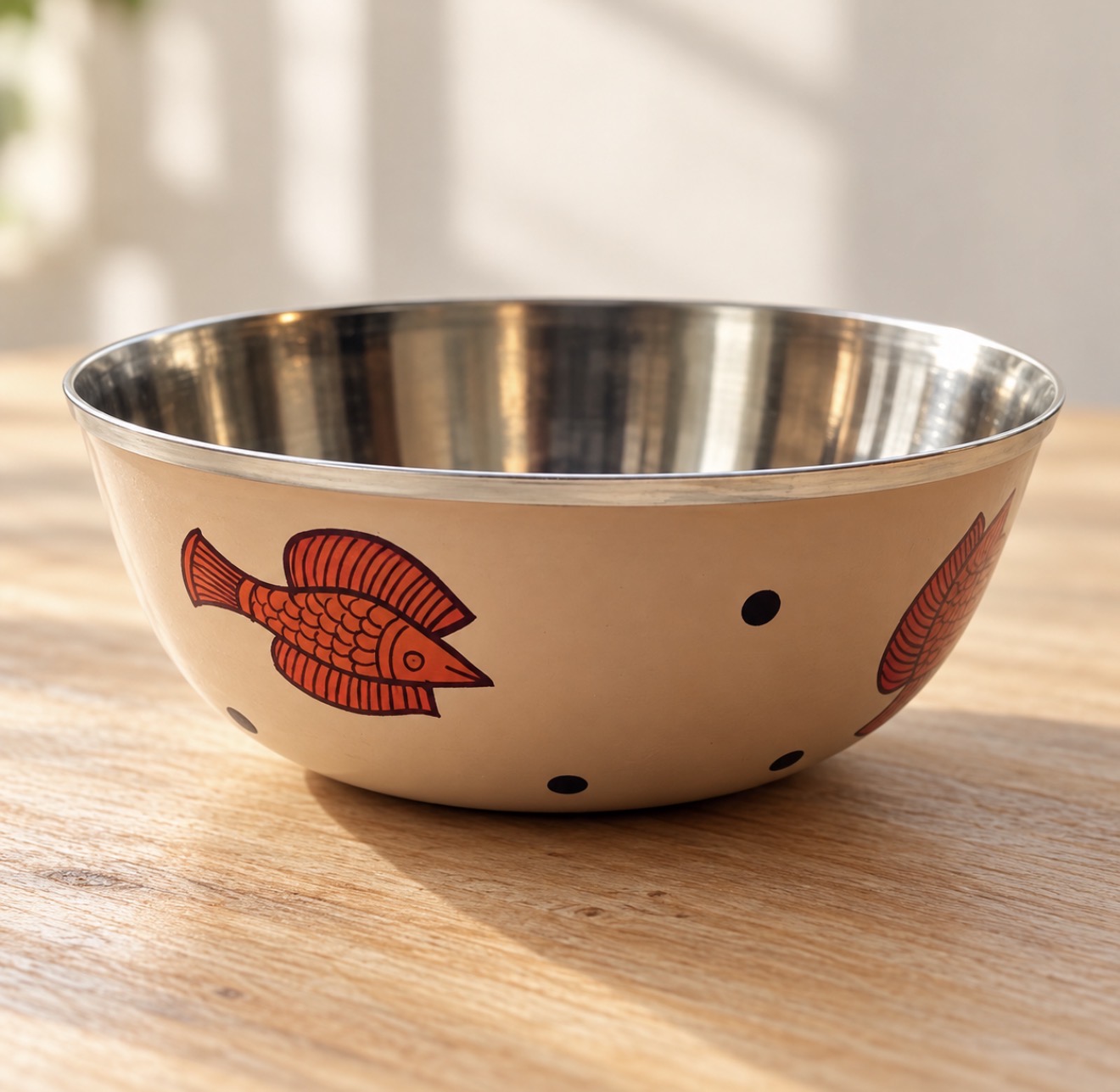 Peach steel bowl hand-painted with red-orange Kalighat-inspired fish motifs.