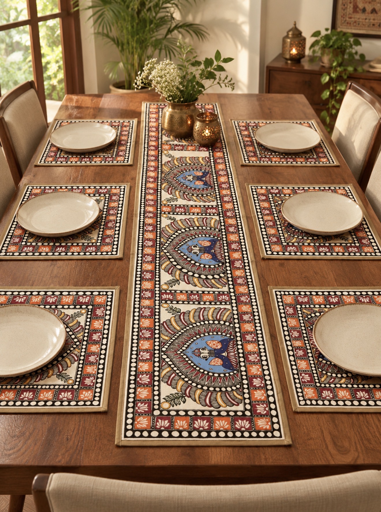 Dining-table mockup showing the Blue & Rust Madhubani table runner and all six matching placemats