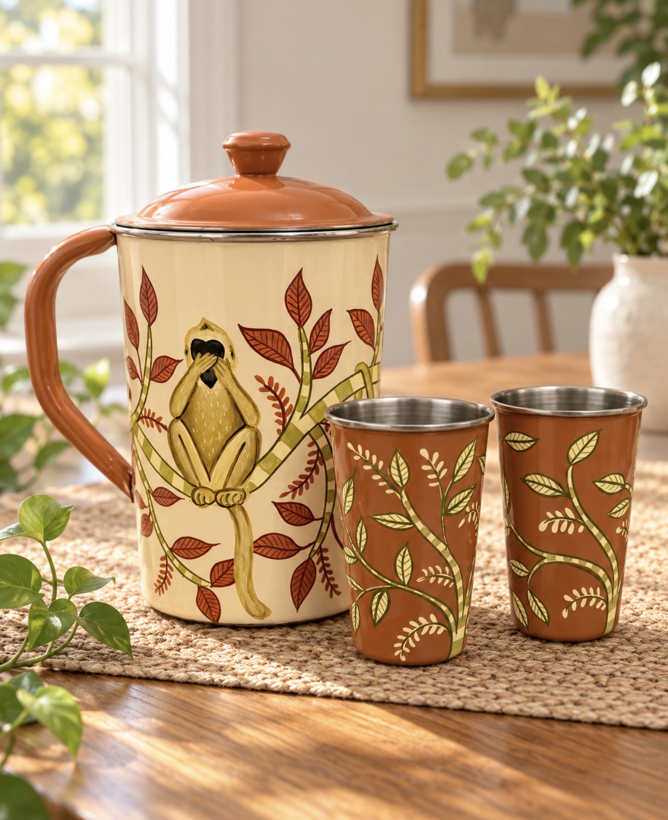 Monkey Grove Hand-Painted Steel Jug & Glass Set — 1 jug + 2 glasses