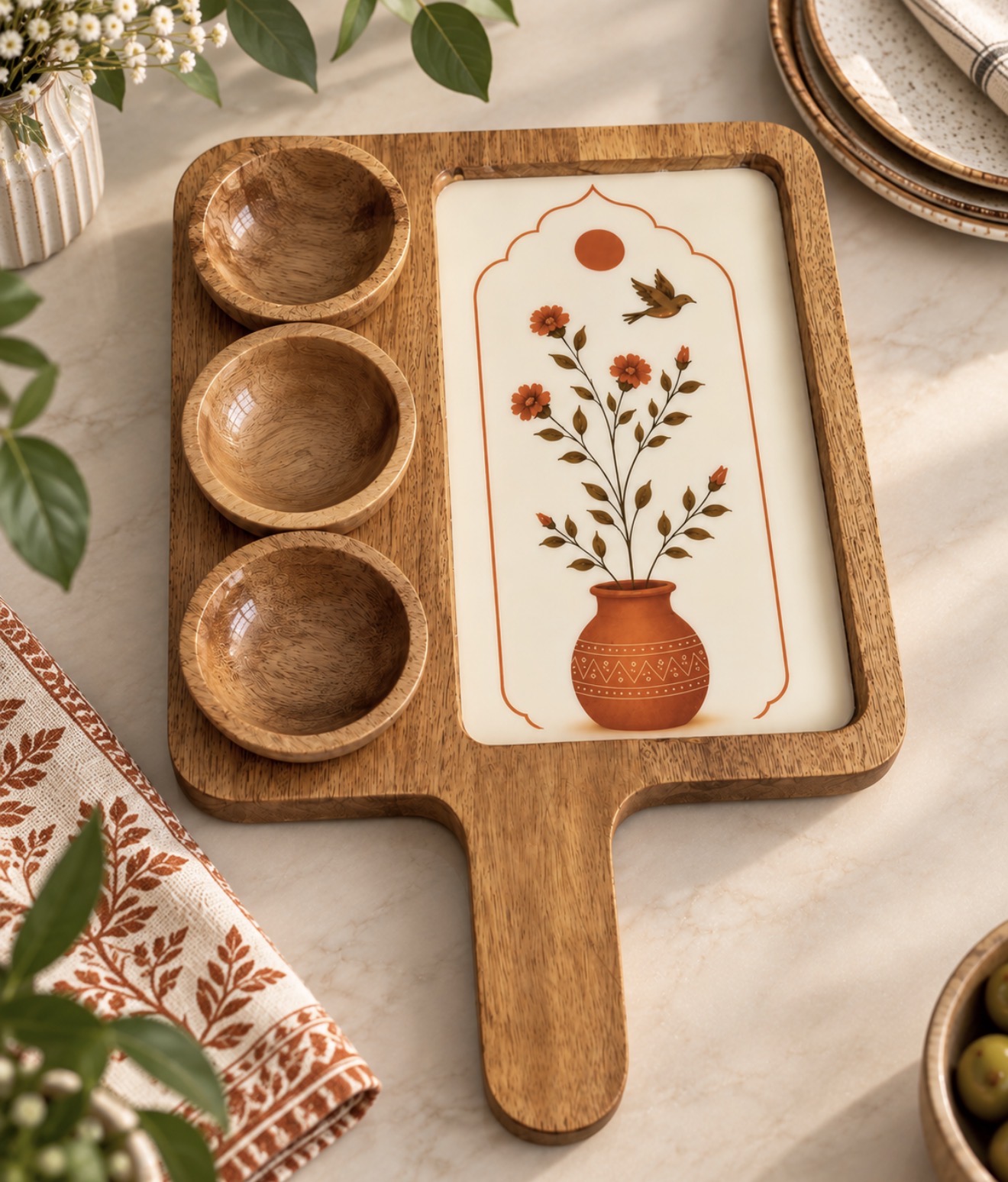 Gulnaar Garden Mehfil Platter by Varnya — A softer botanical composition featuring a terracotta vessel, flowering branches and a flying bird, framed with delicate architectural detailing.