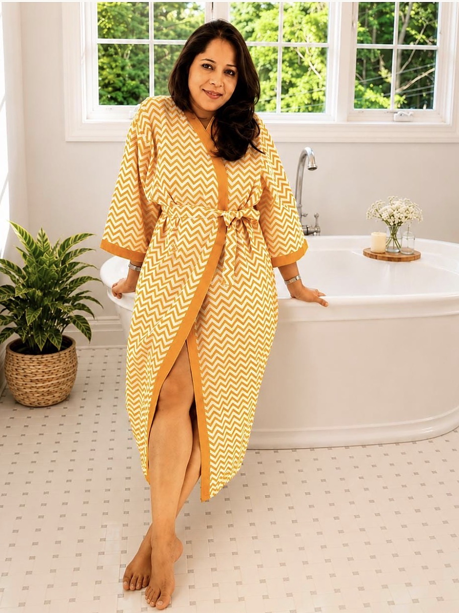 Sunburst Chevron Bathrobe — Geometric chevrons in sunburst ochre.