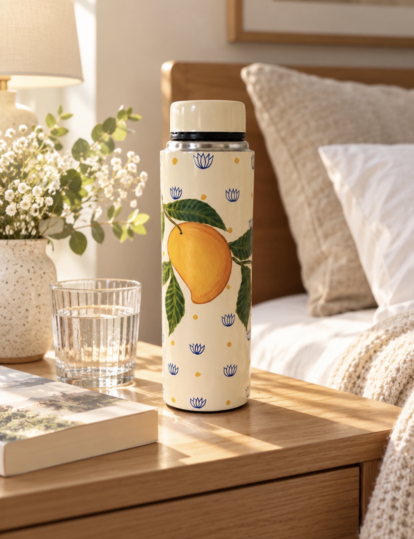 Mango hand-painted cream steel water bottle on a wooden bedside table
