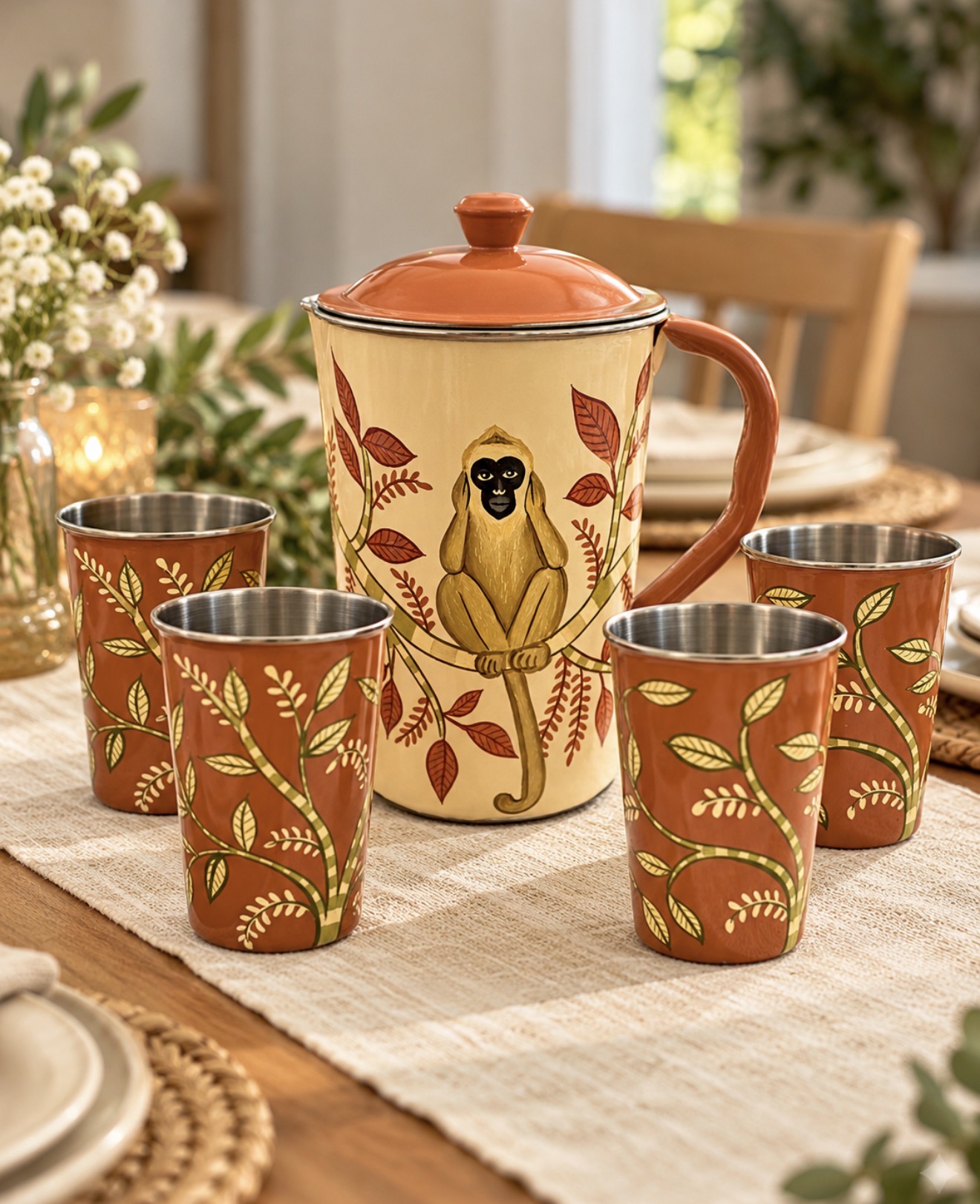 Monkey Grove Hand-Painted Steel Jug & Glass Set — 1 jug + 4 glasses