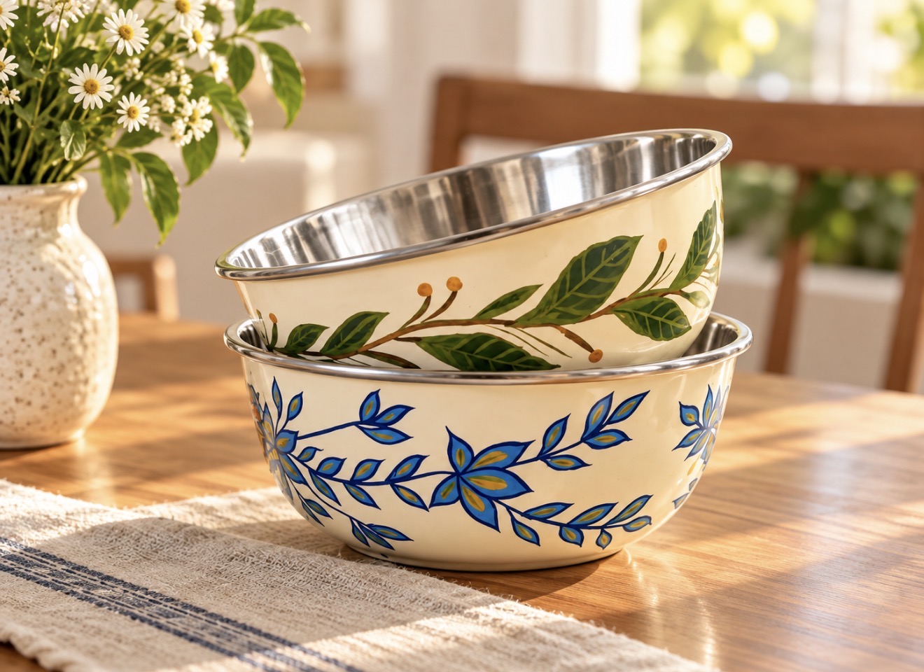 Green-leaf bowl stacked on the blue floral-vine bowl on a wooden table