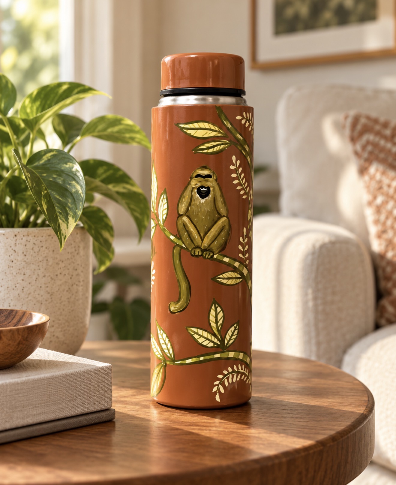 Monkey Grove hand-painted steel water bottle on a wooden side table in a living room