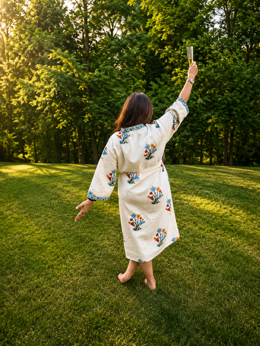 A woman in a hand block-printed Varnya waffle-cotton robe standing in a sunlit garden