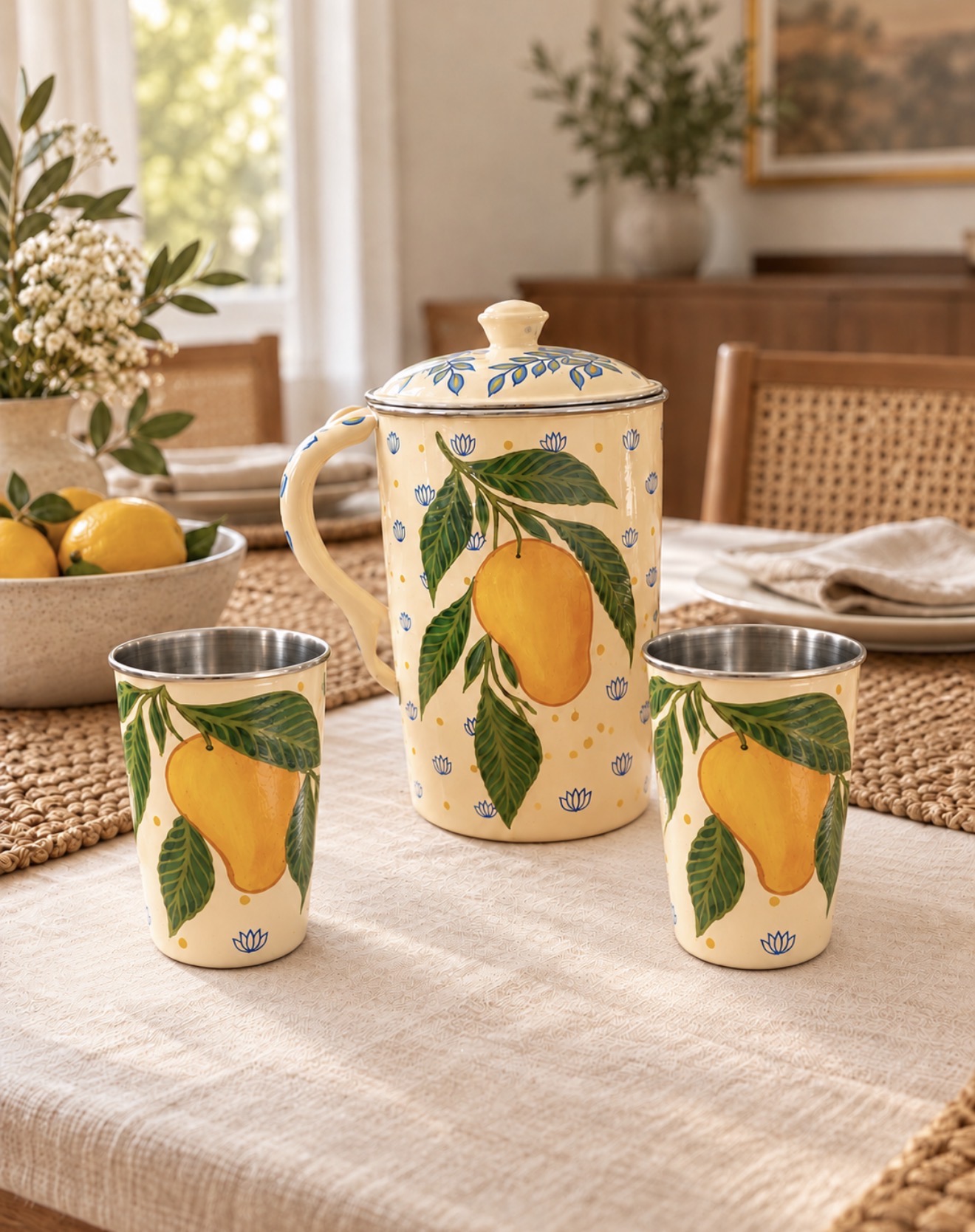 Mango side of the hand-painted steel jug with two mango glasses on a dining table