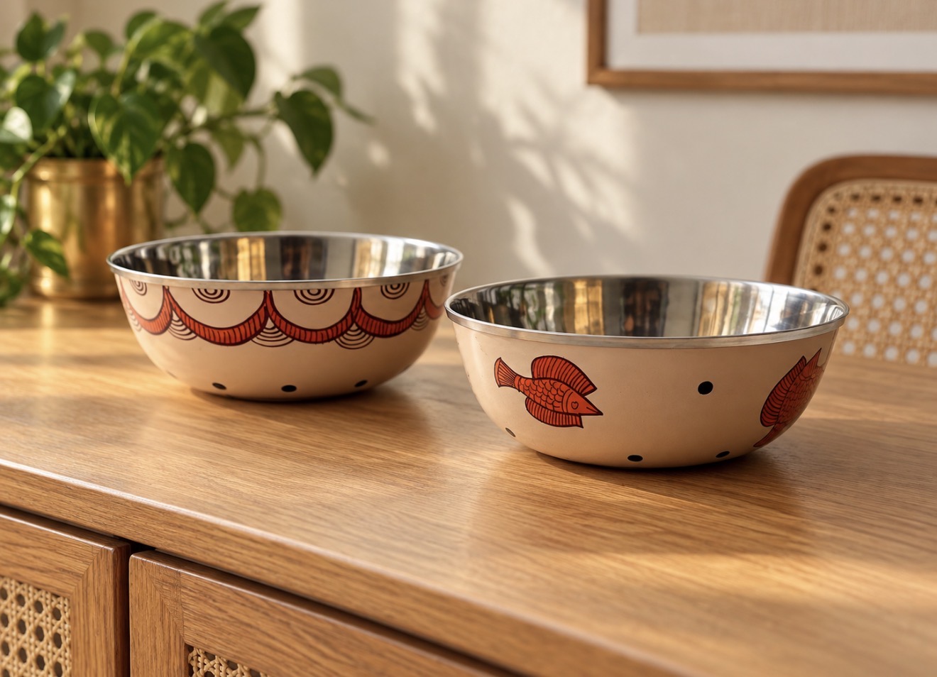 Set of two peach hand-painted steel bowls with Kalighat-inspired fish and scalloped artwork.