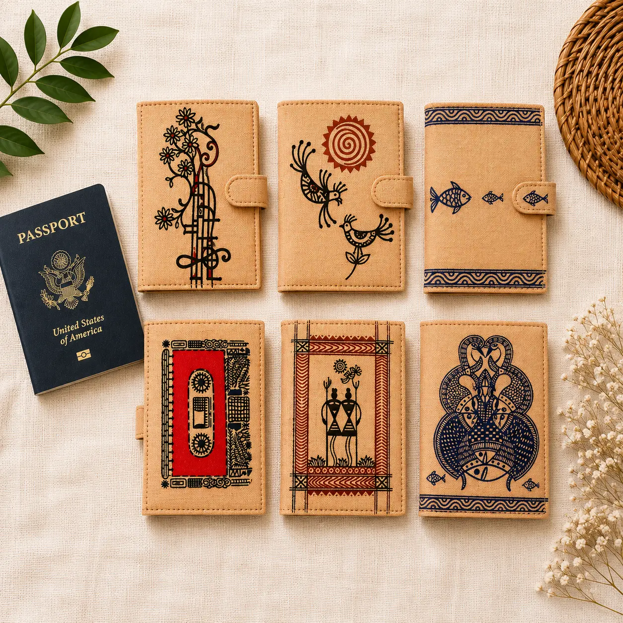 Six hand-painted Varnya jute passport holders in Madhubani, Warli and Gond motifs