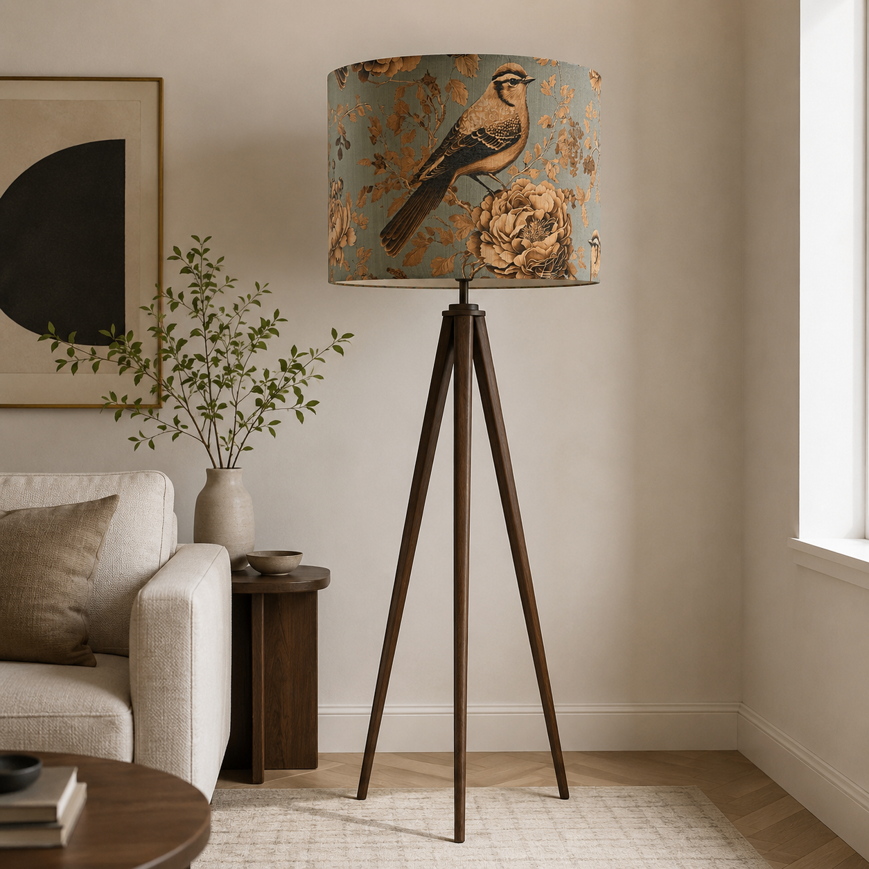 Varnya sage and sepia songbird chinoiserie drum shade on a tripod floor lamp