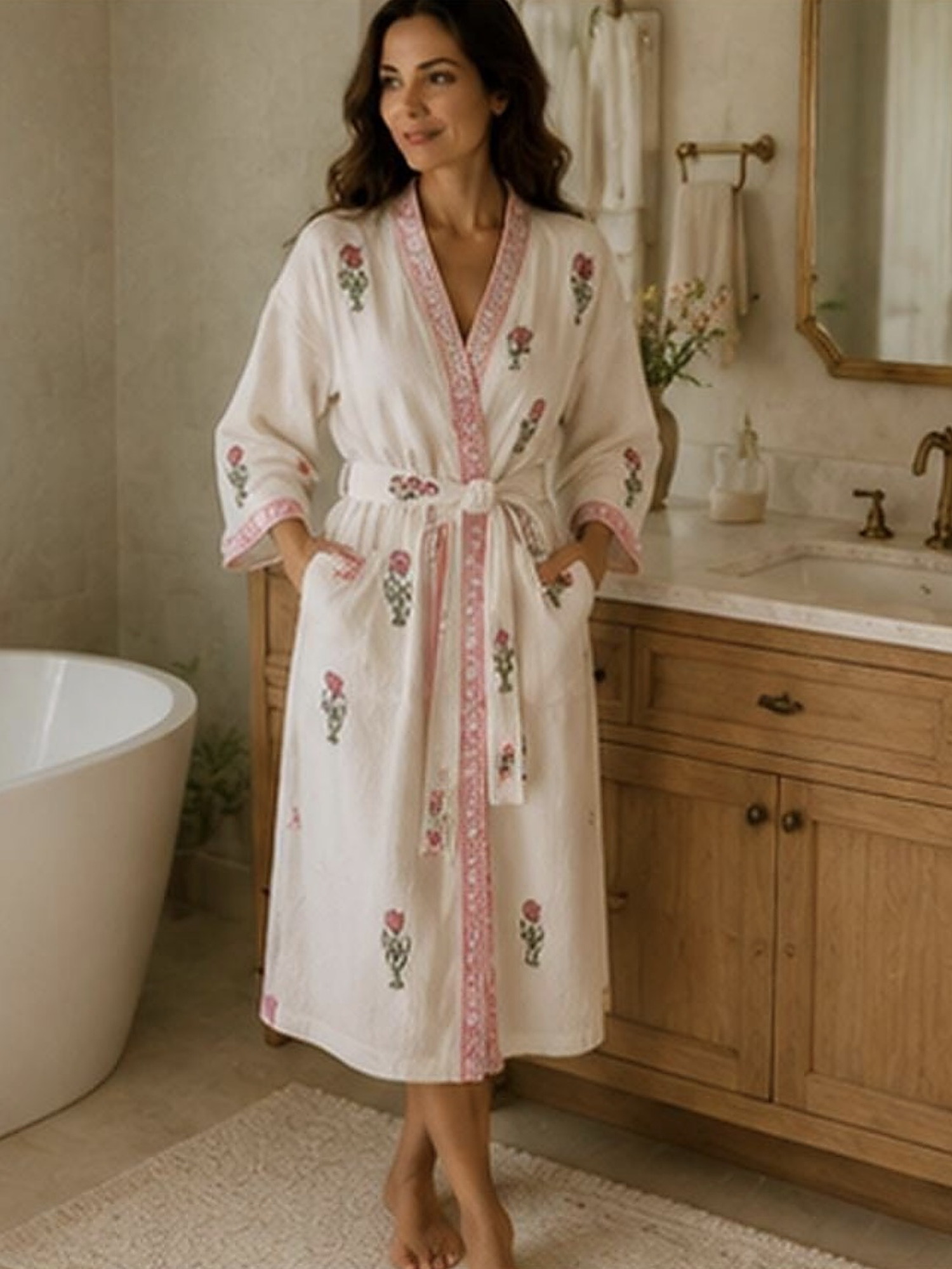 Blush Blossom Bathrobe — Blush pink blossoms for the slowest part of the morning.