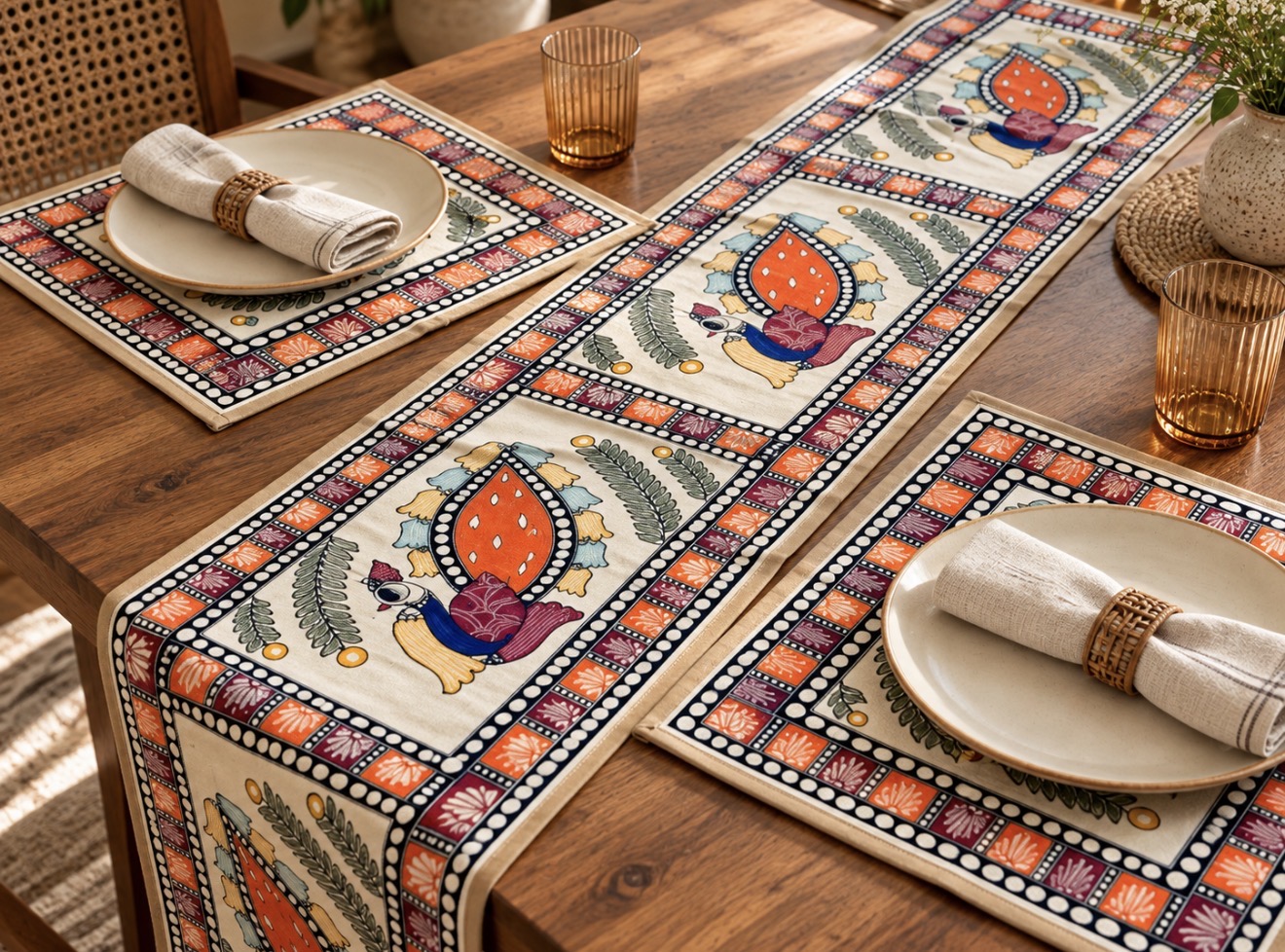Madhubani Folk Motif table runner and mats styled on a wooden dining table