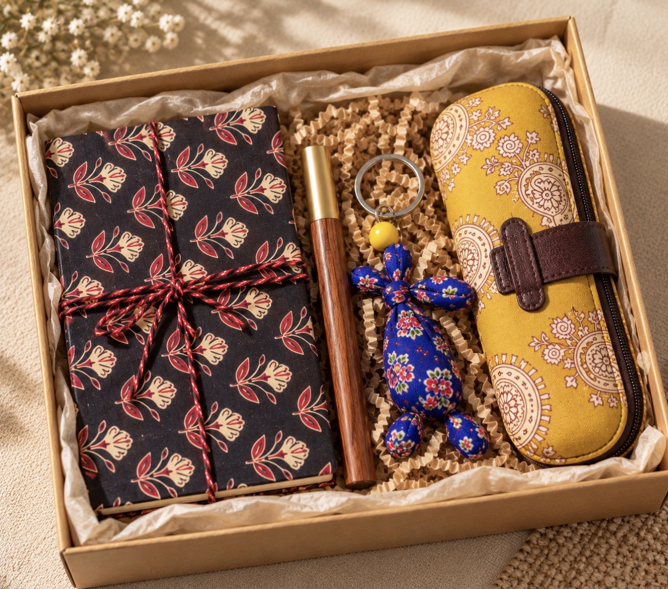 Everyday Joys Gift Set with a notebook, wooden pen, fabric keychain and block-print eyeglass case
