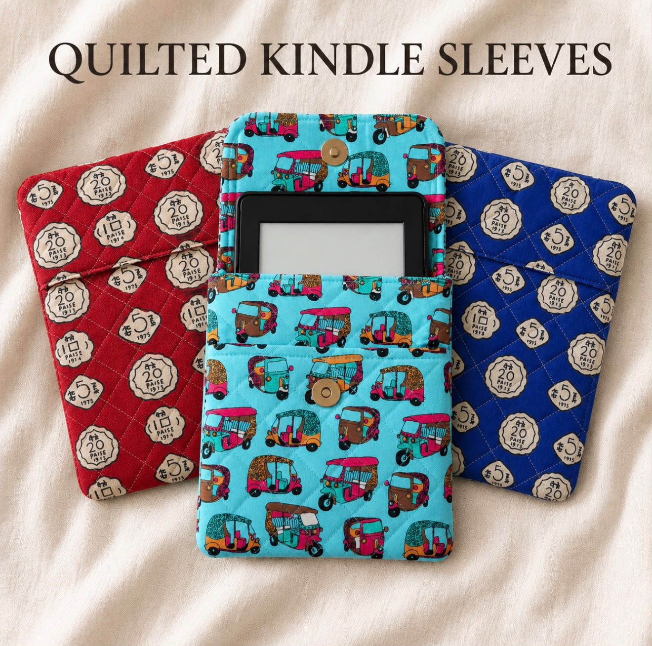 Three quilted Varnya Kindle sleeves in red, turquoise rickshaw and blue coin block prints
