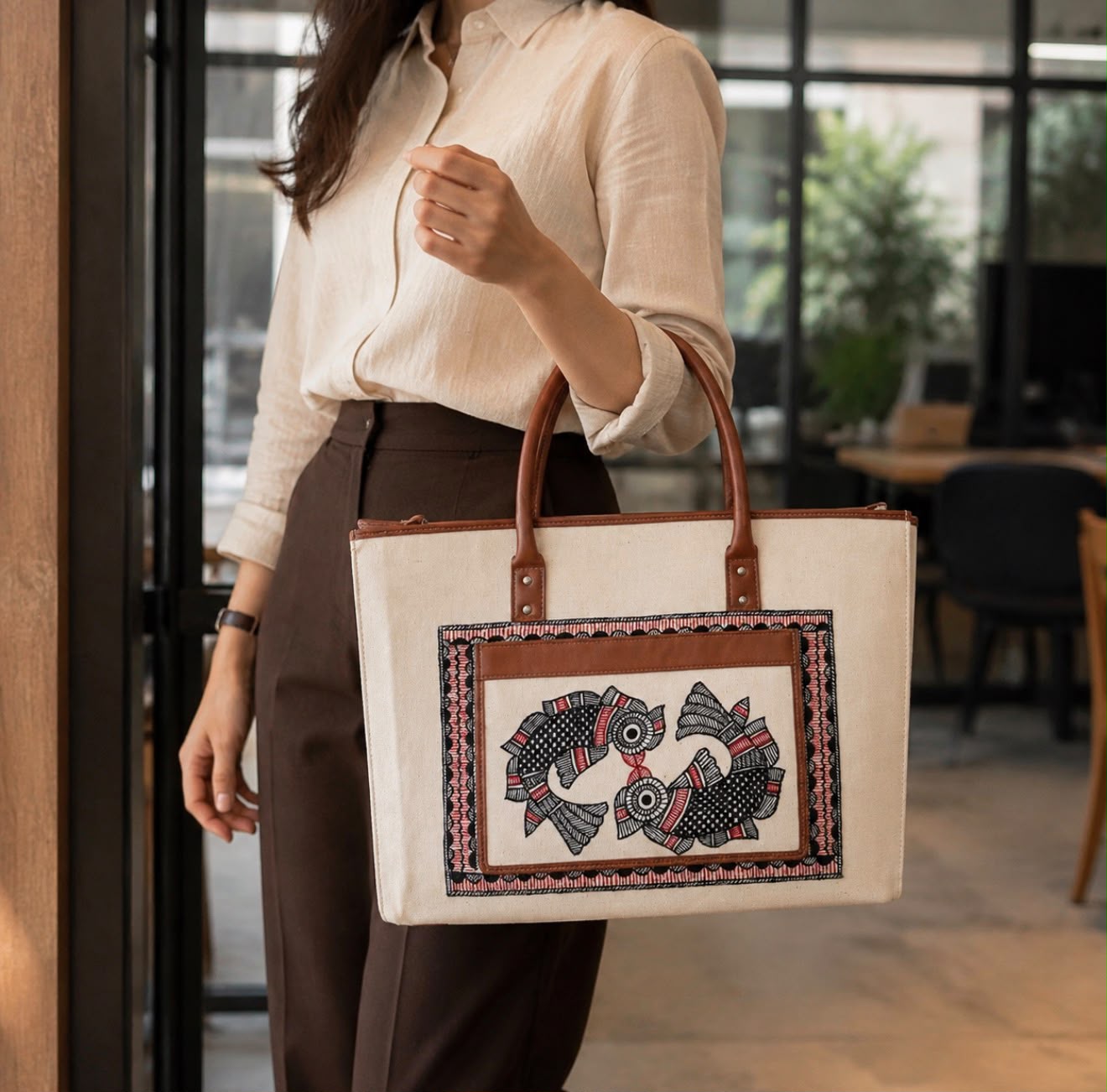 A woman carrying the hand-painted Madhubani canvas laptop tote by Varnya in ivory with tan leather handles