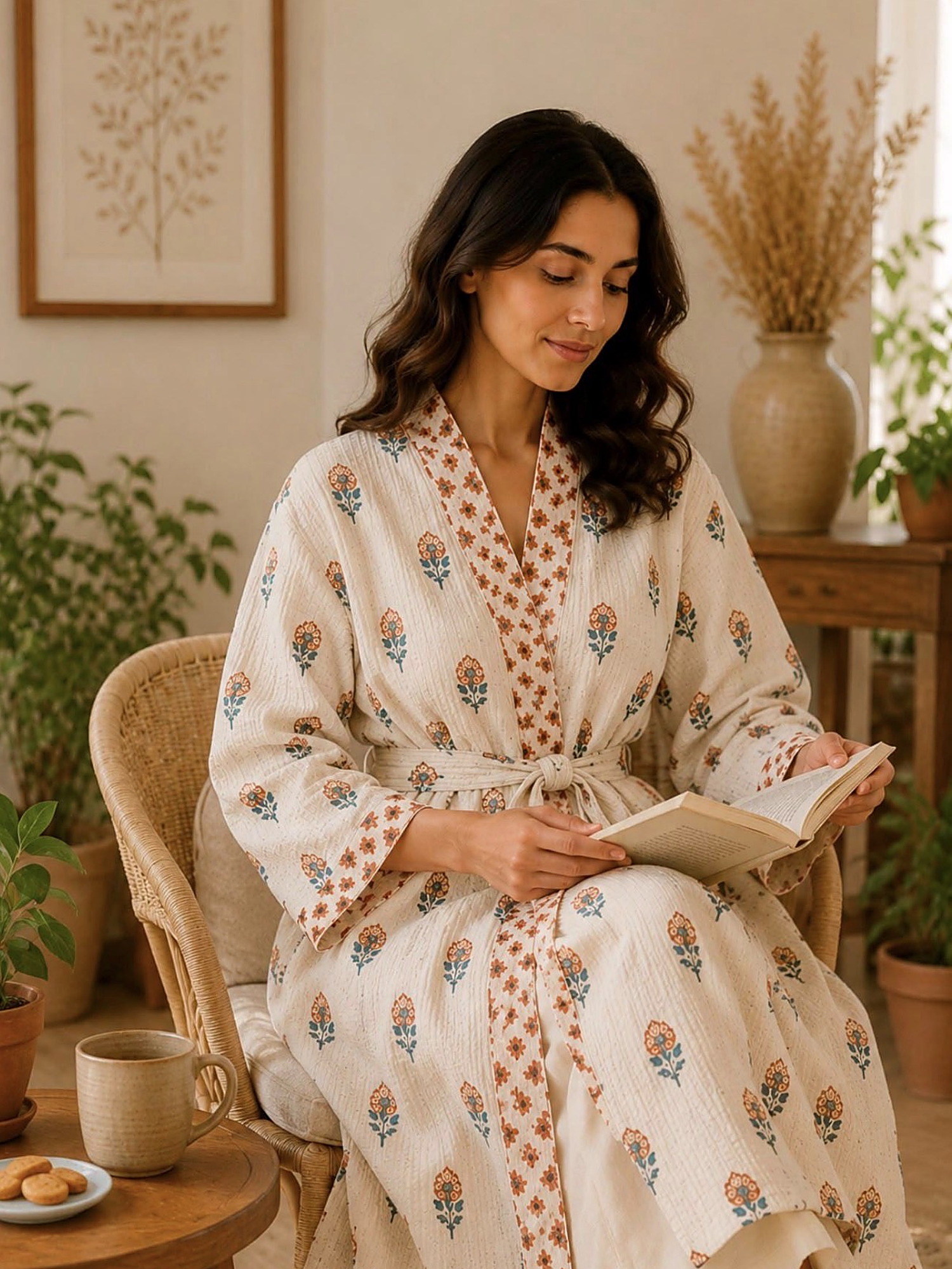 Terracotta Buti Bathrobe — Small terracotta buti motifs on textured ivory.