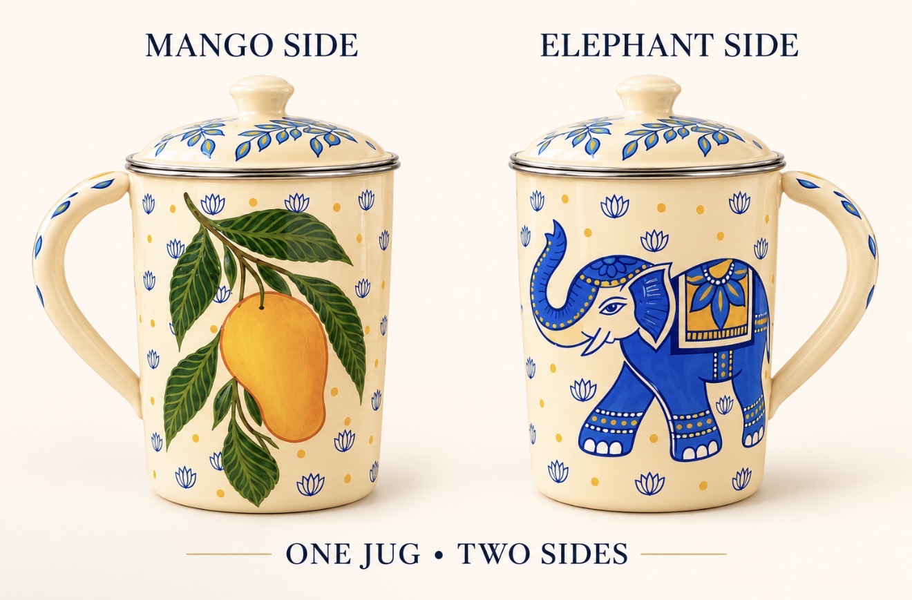 The same Mango & Elephant jug shown from both sides: mango on one side, blue elephant on the other