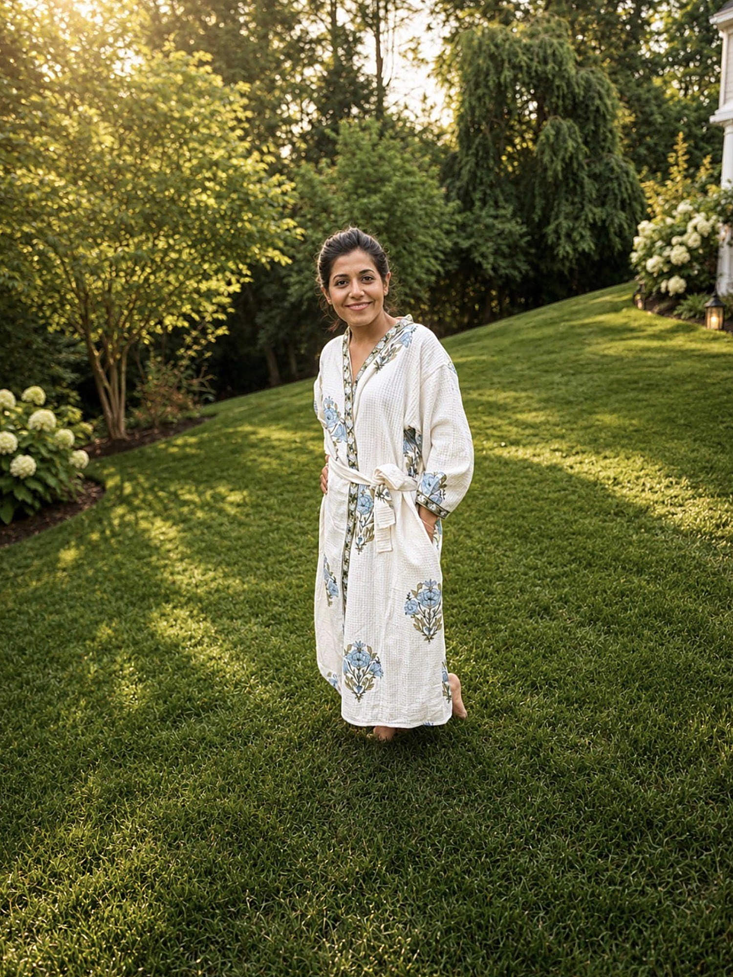 Blue Garden Spa Bathrobe — Soft blue florals with a spa-morning calm.