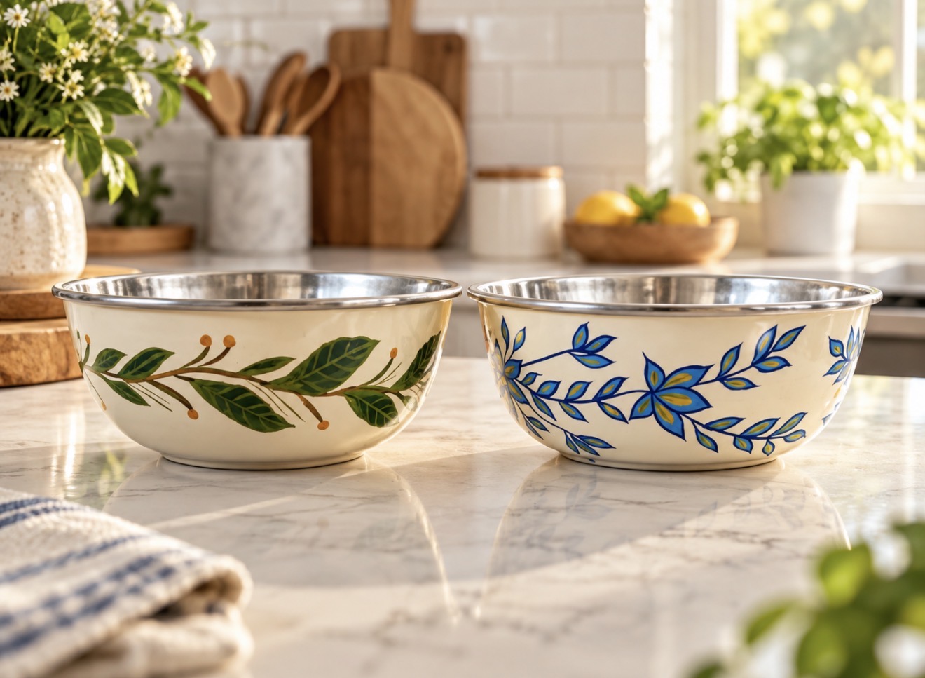 Two hand-painted cream steel bowls, one green-leaf and one blue floral-vine, on a marble counter