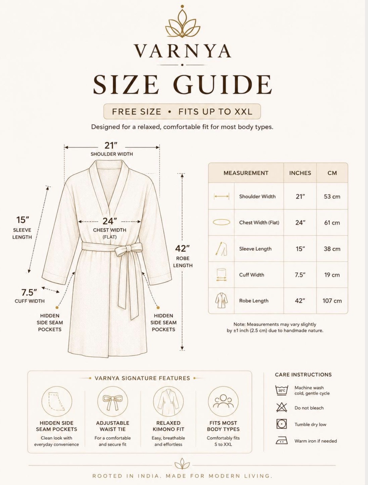 Varnya bathrobe size guide with shoulder, chest, sleeve, cuff and length measurements