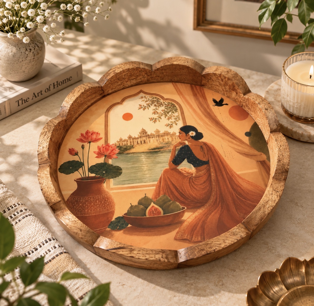 Naari by the Lake Round Scallop Serving Tray by Varnya — A woman in a rust sari pauses beside a lotus-framed lake, rendered in warm terracotta and soft green.