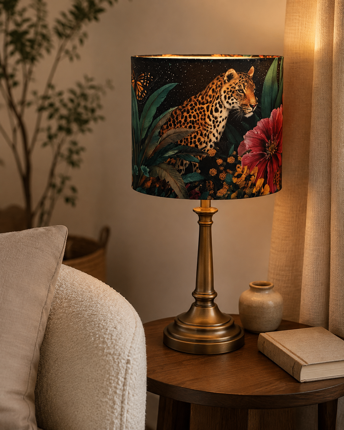 Varnya midnight botanical lampshade with leopard and red dahlia print on a brass lamp