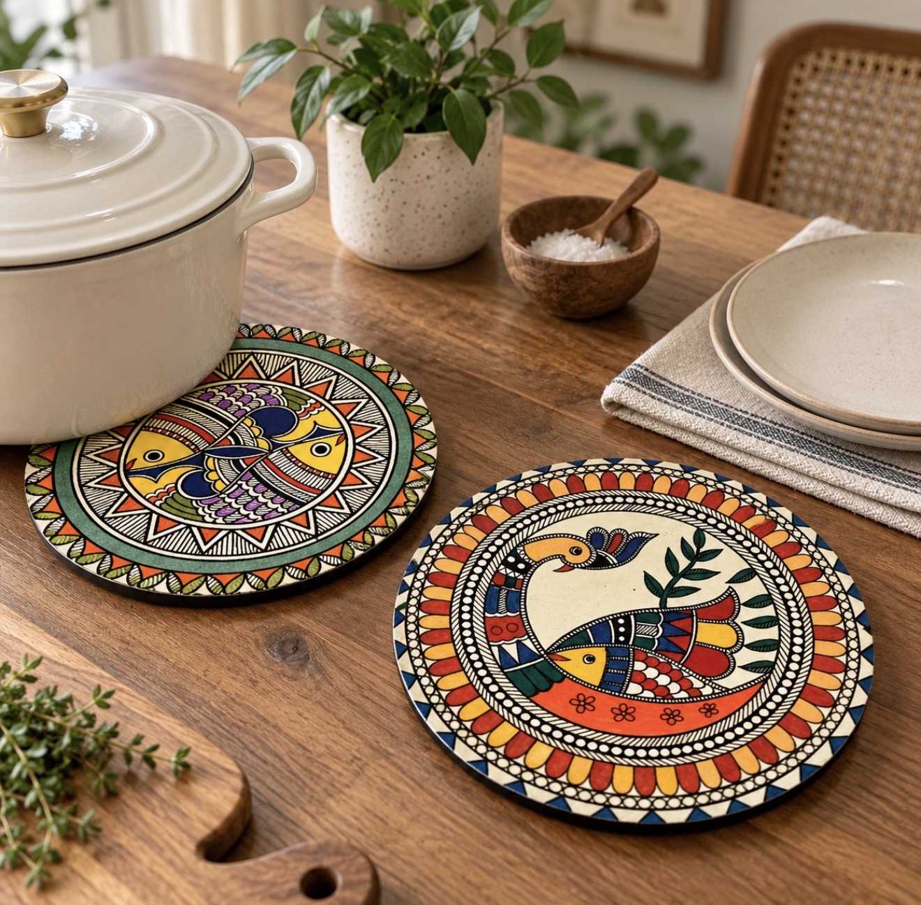 Mixed Pair Madhubani Art Trivets by Varnya styled together on a table, featuring one fish design and one bird design