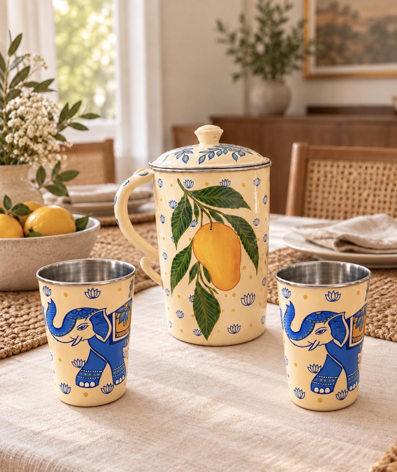 Mango side of the jug with two blue elephant glasses