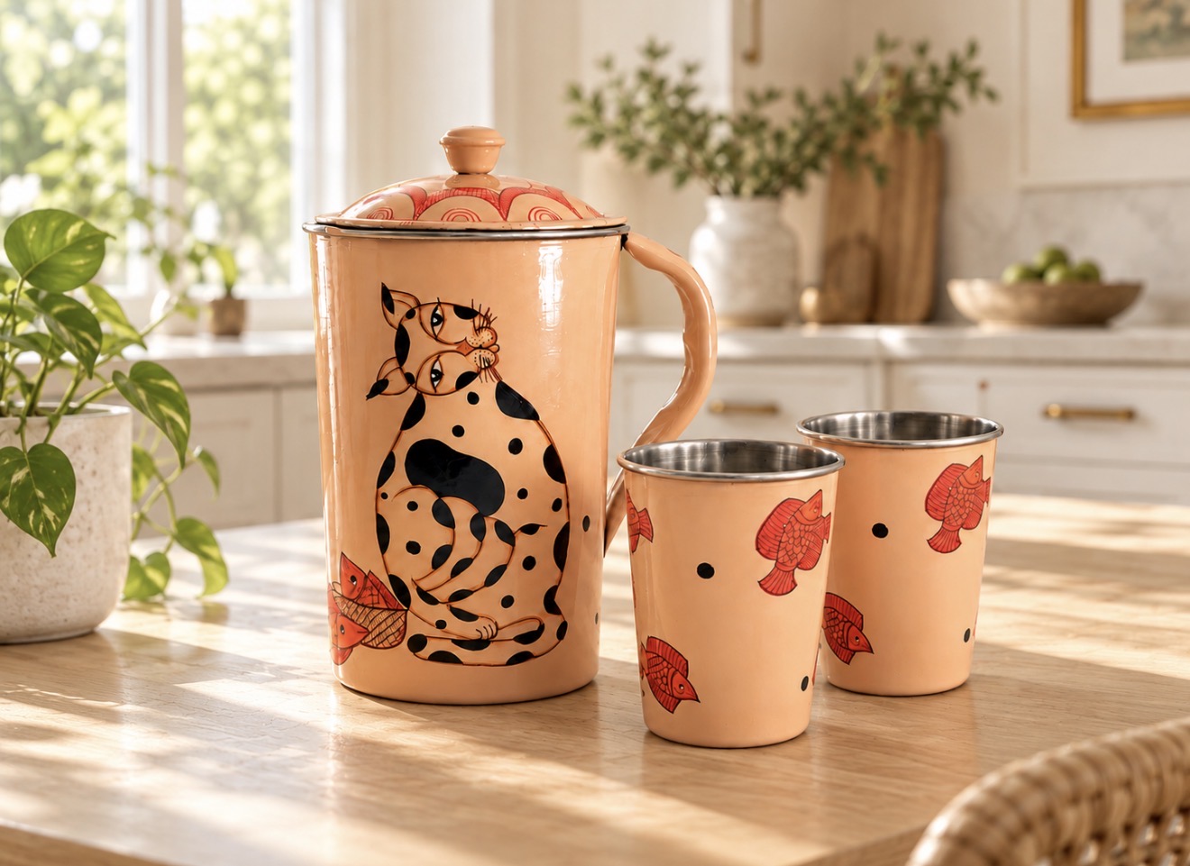 Kalighat Cat Family Hand-Painted Steel Jug & Glass Set — 1 jug + 2 glasses