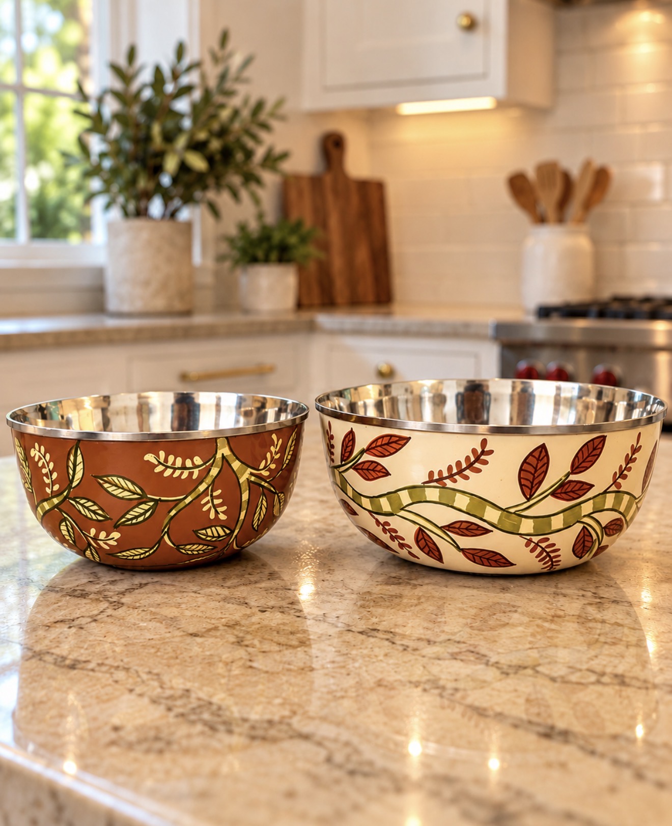 Monkey Grove set of two hand-painted steel bowls, cream and rust-red, on a kitchen counter