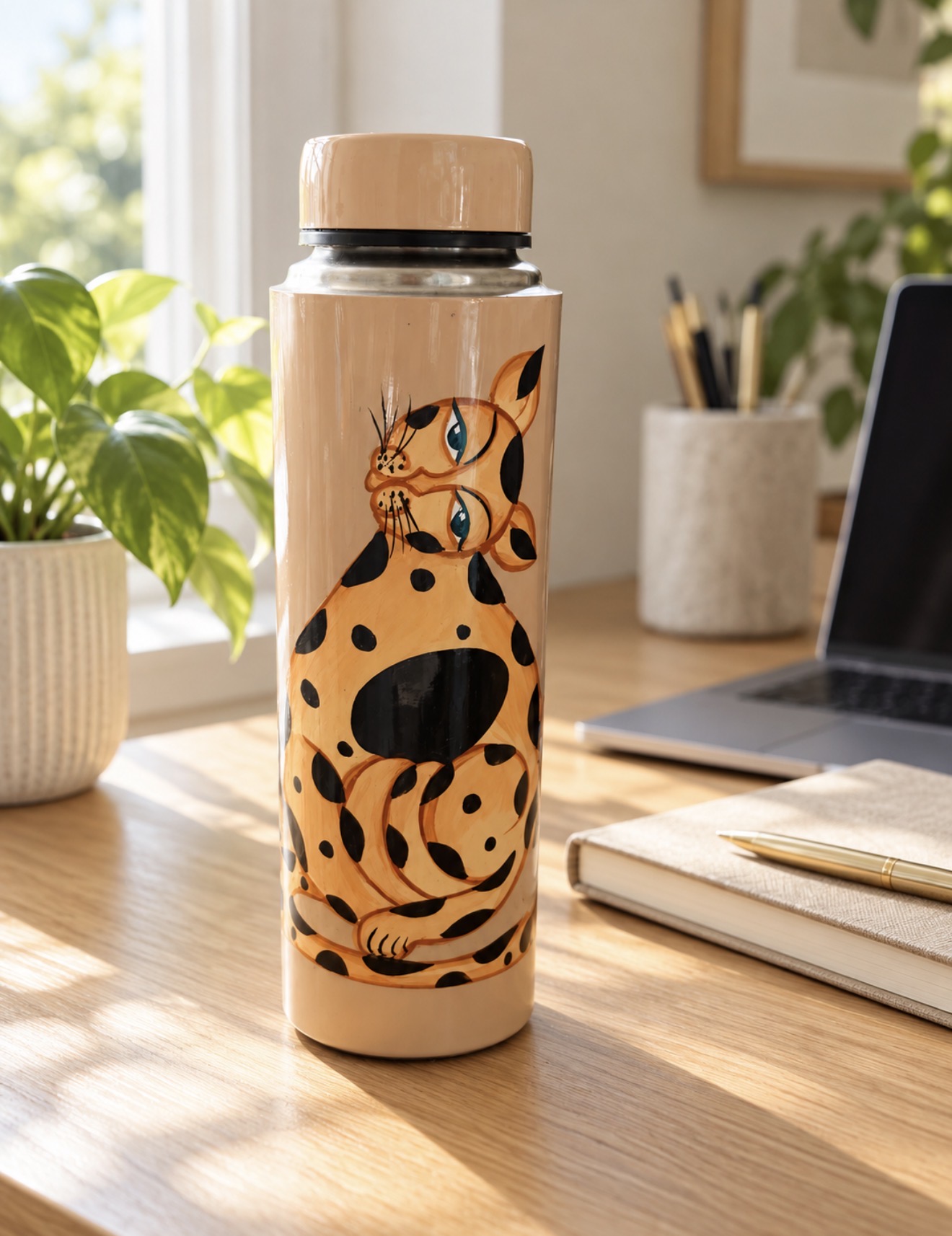Front of the Kalighat cat steel water bottle on a sunlit wooden desk